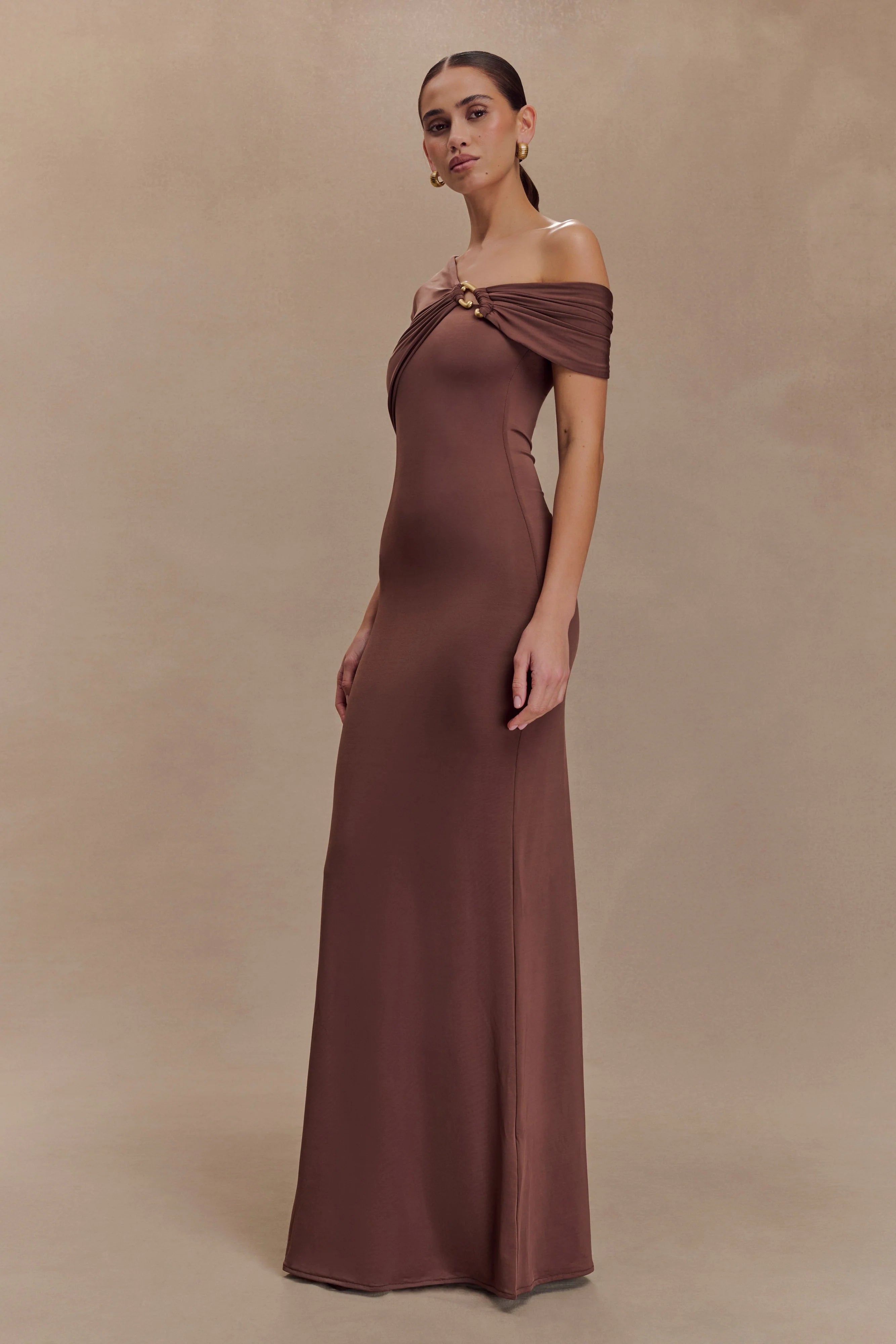 ER Ashford Asymmetrical Slinky Maxi Dress - Chocolate