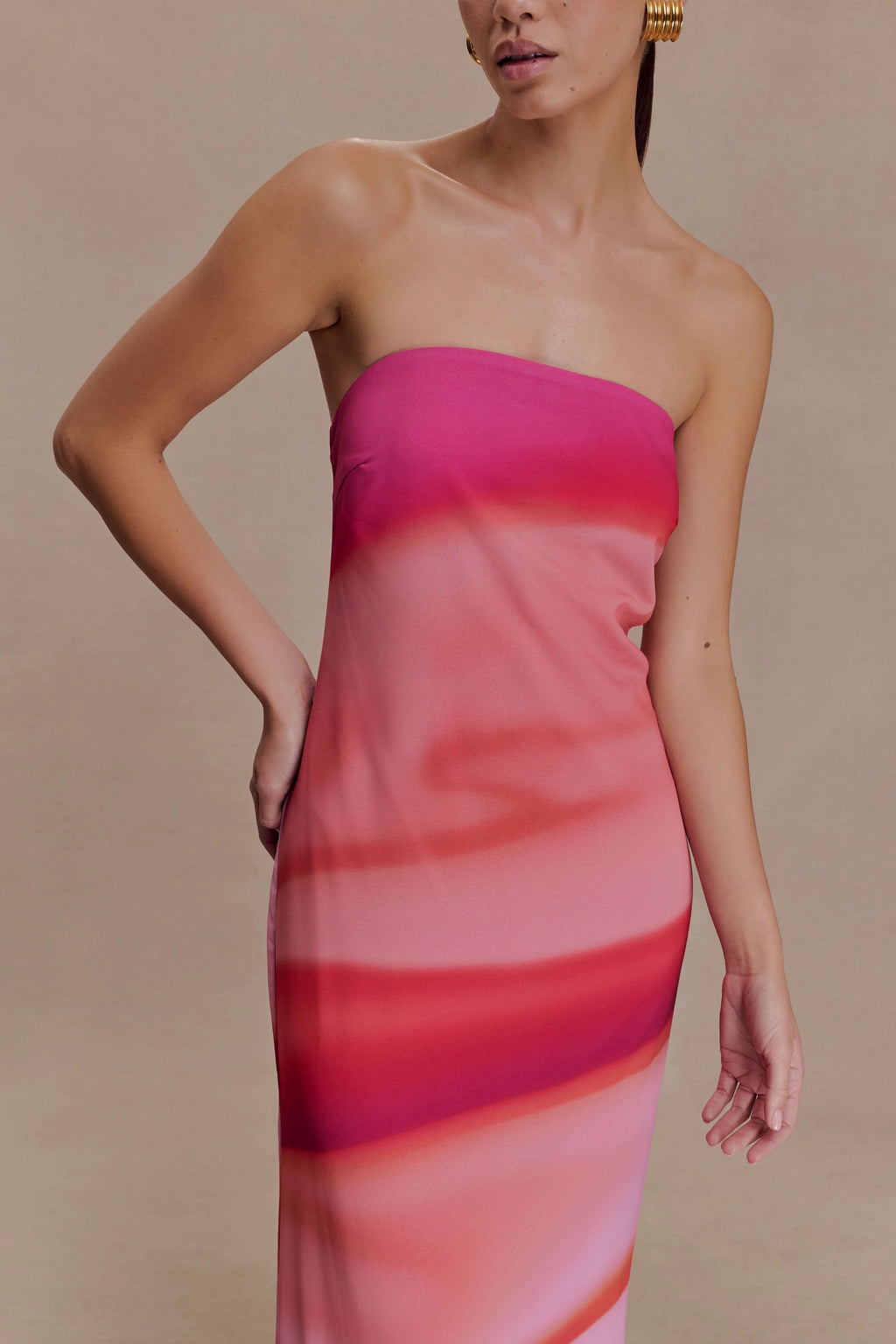 ER Amaya Strapless Chiffon Maxi Dress - Pink Sunset Print