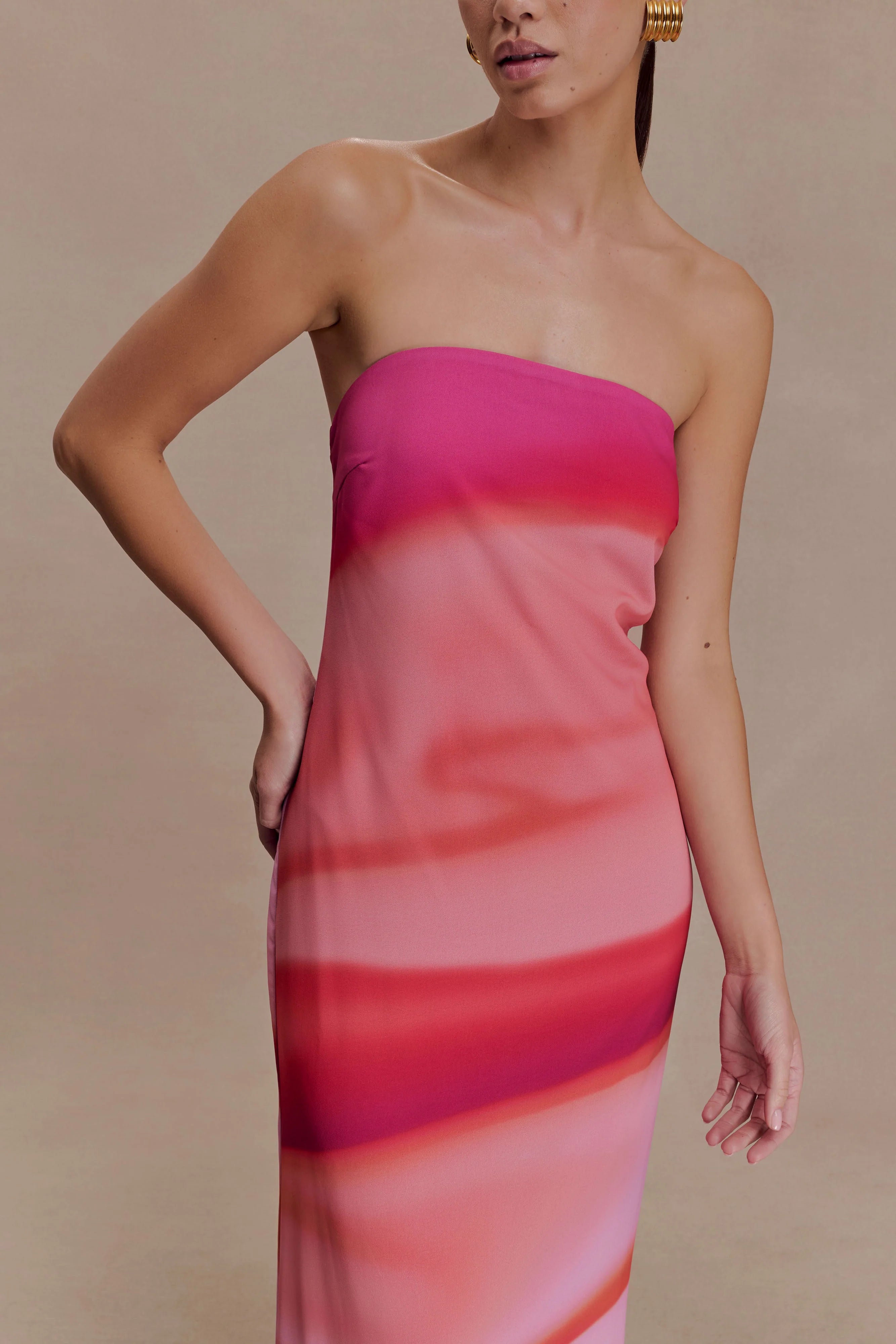 ER Amaya Strapless Chiffon Maxi Dress - Pink Sunset Print