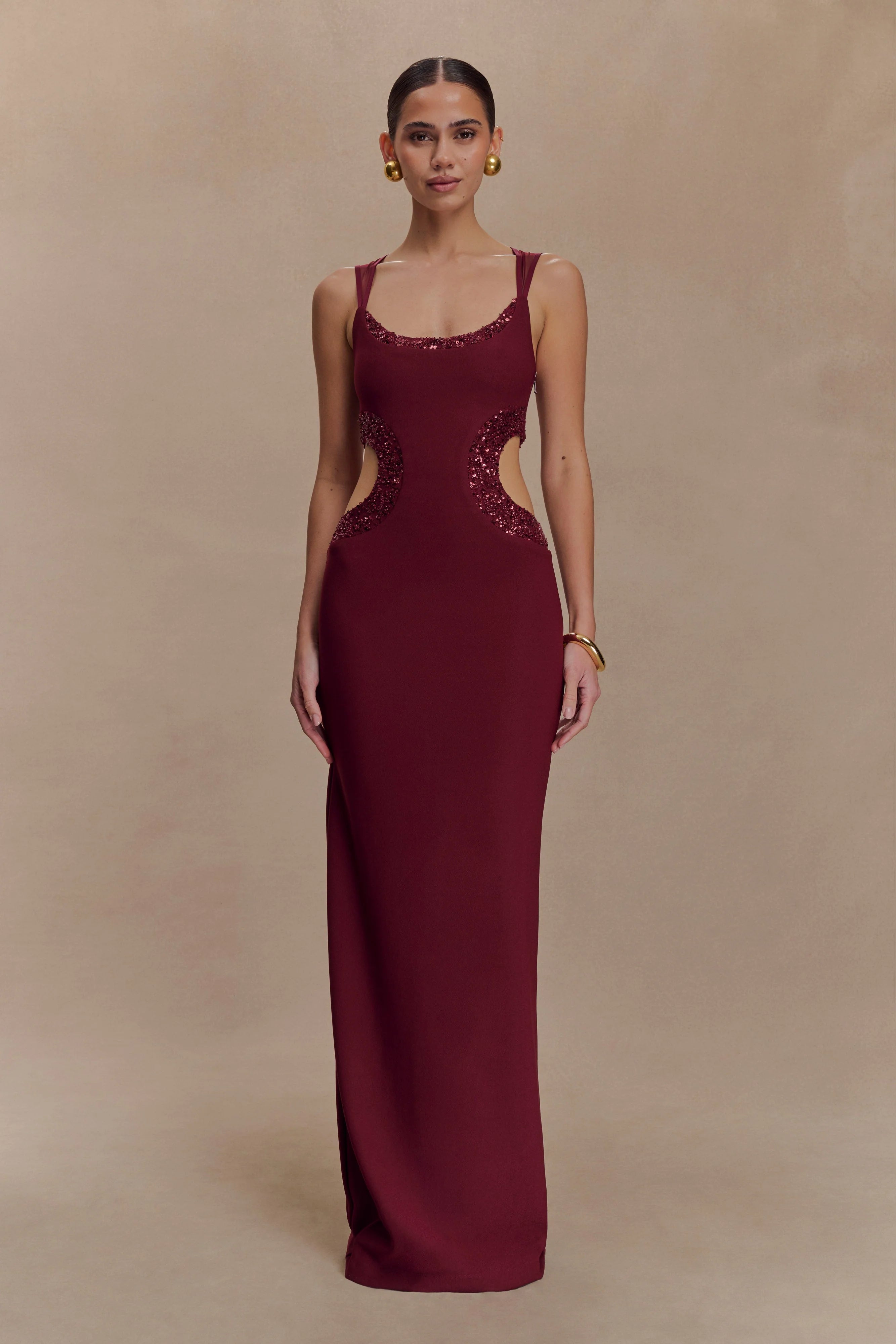 ER Angelique Beaded Crepe Maxi Dress - Wine