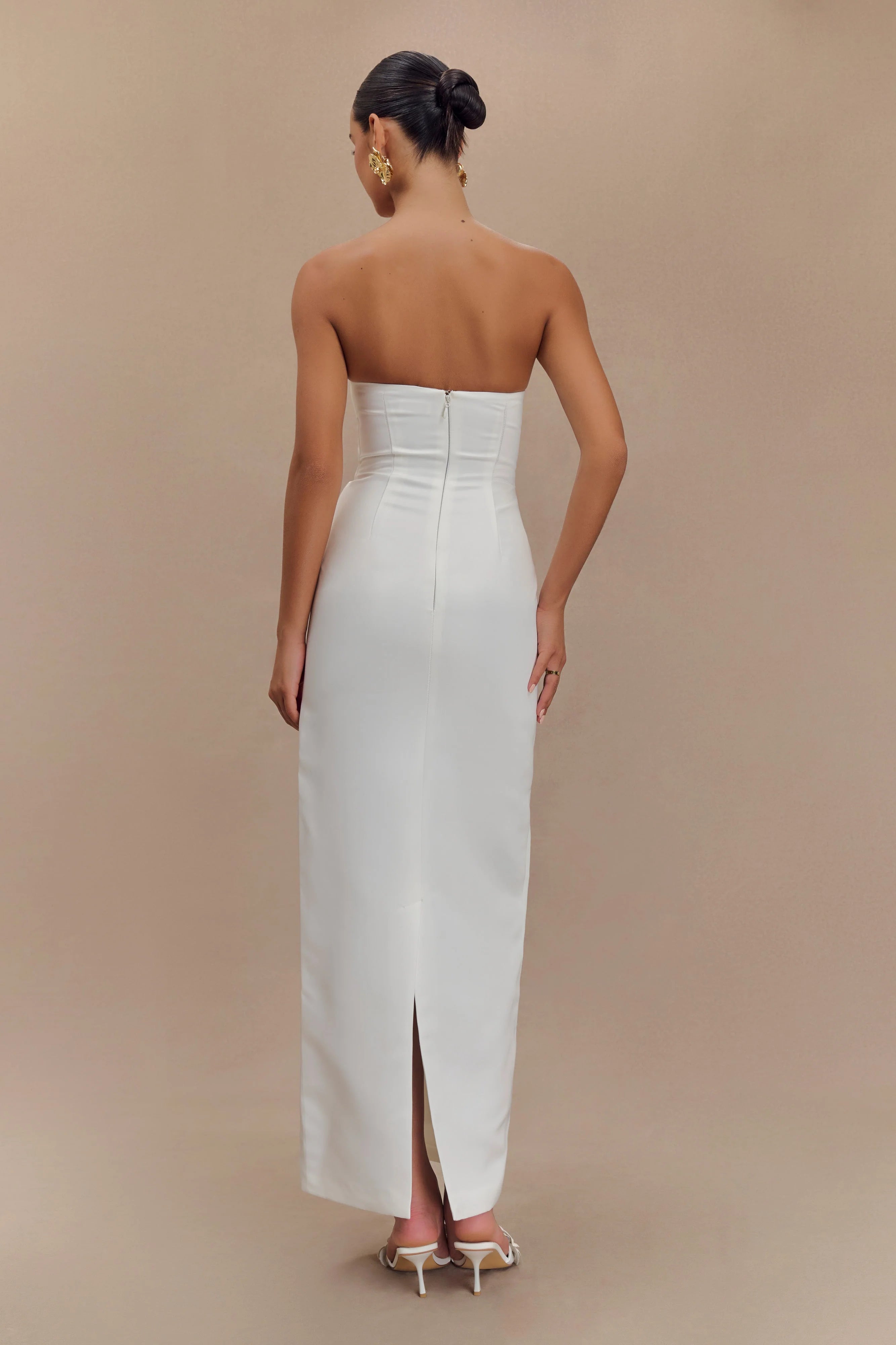 ER Cyrill Strapless Satin Structured Maxi Dress - White