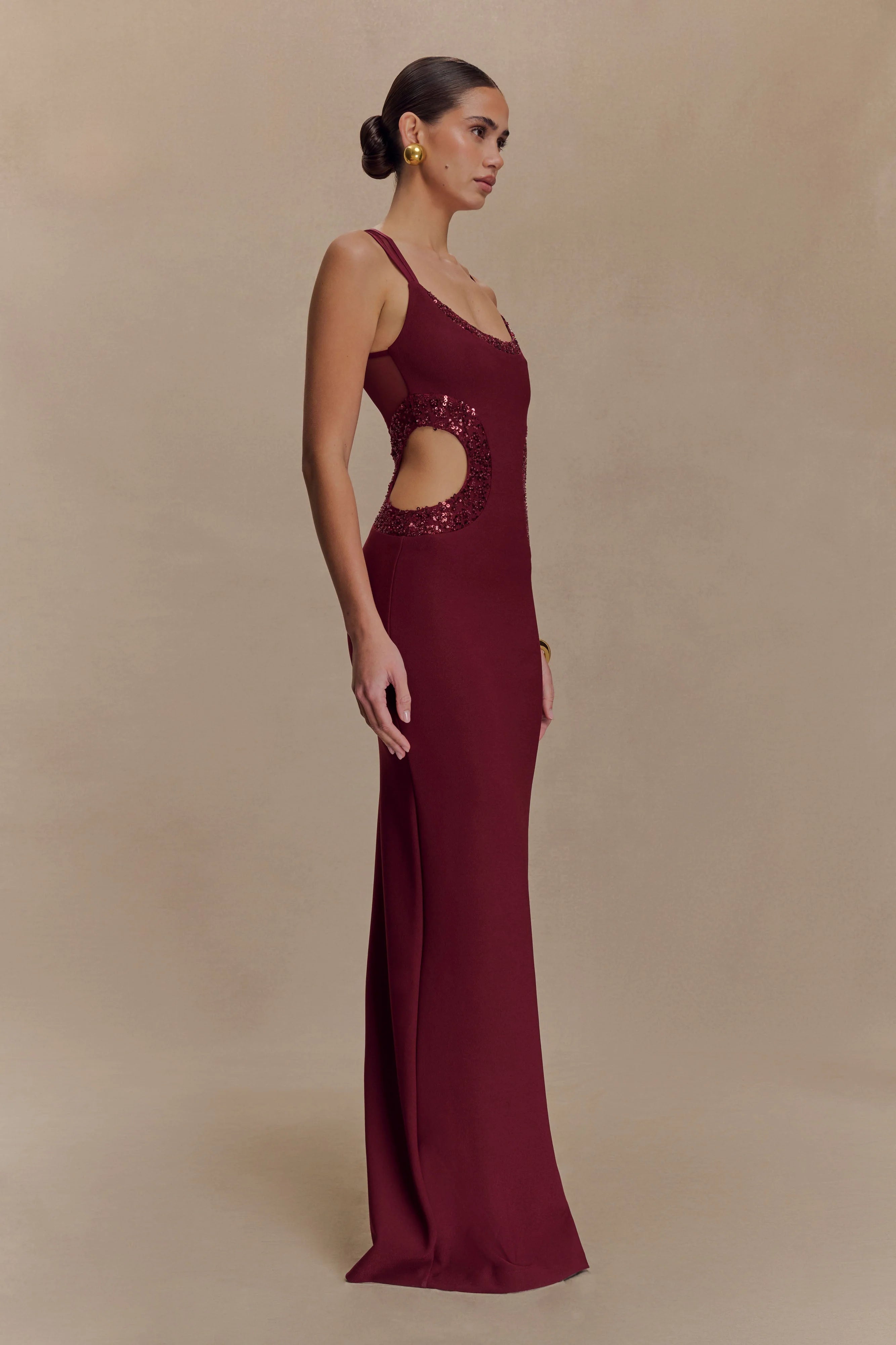 ER Angelique Beaded Crepe Maxi Dress - Wine
