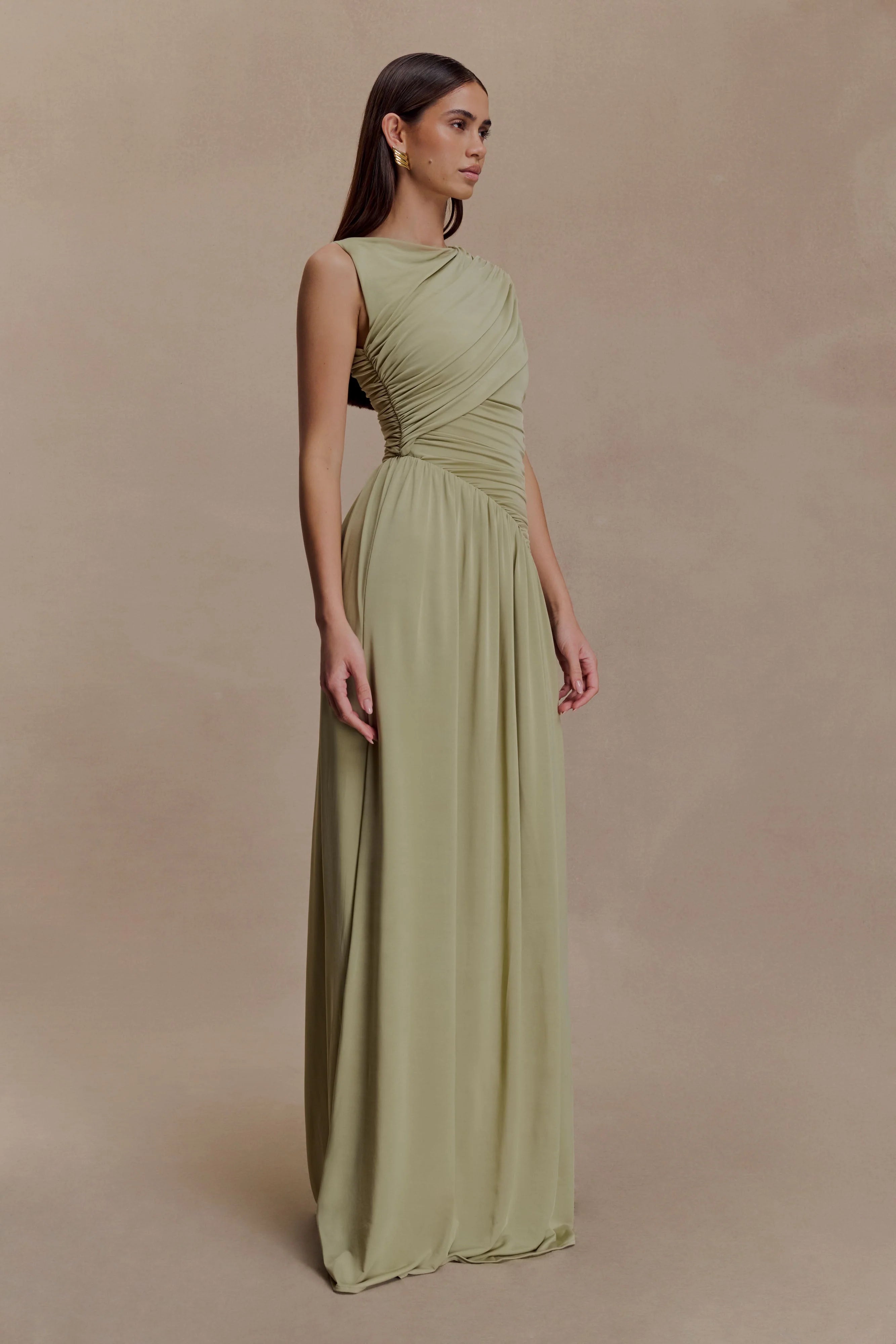 ER Ayeshya Slinky Asymmetric Maxi Dress - Sage