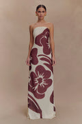 ER Amaya Strapless Chiffon Maxi Dress - Brown Deco Fleur Print
