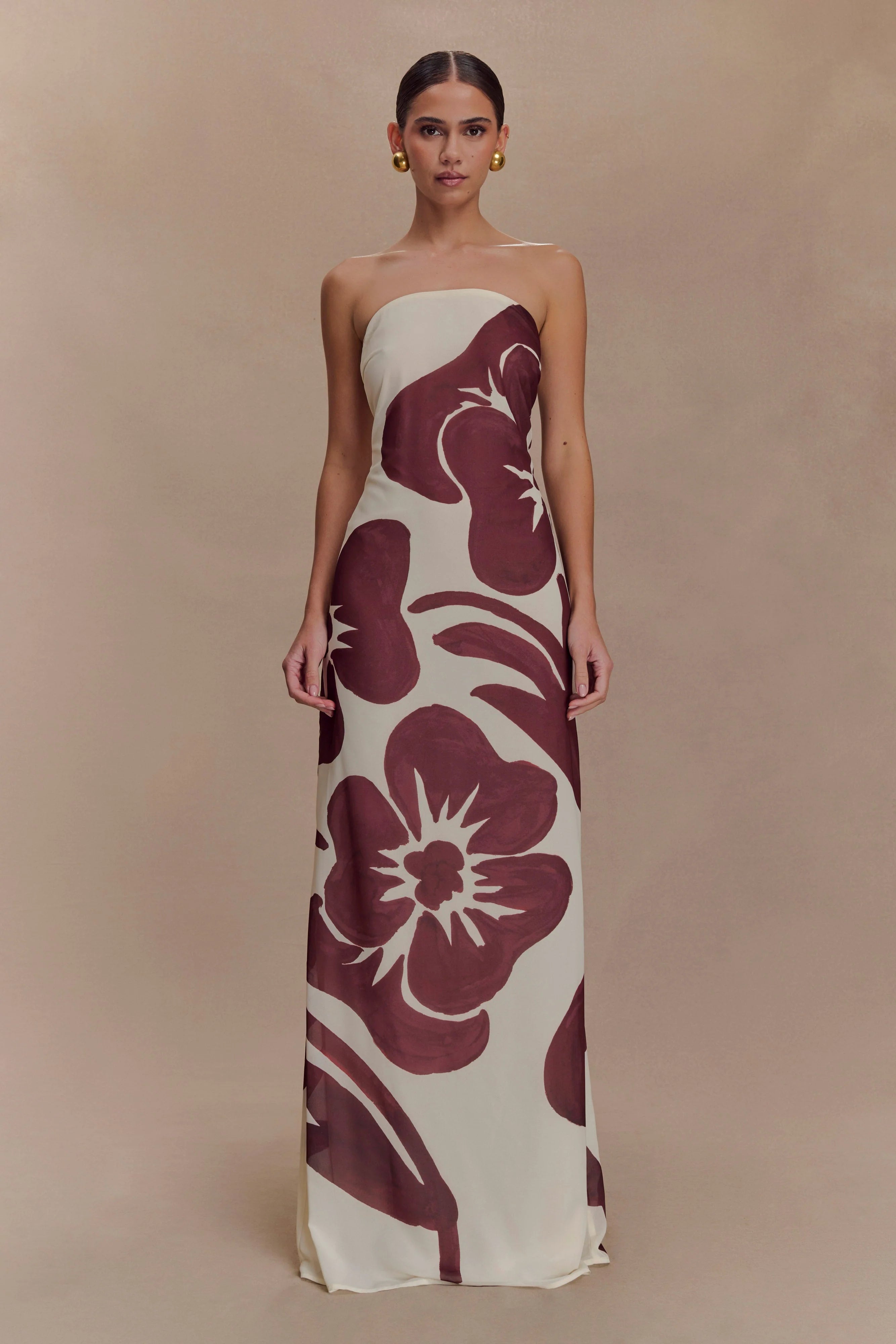 ER Amaya Strapless Chiffon Maxi Dress - Brown Deco Fleur Print