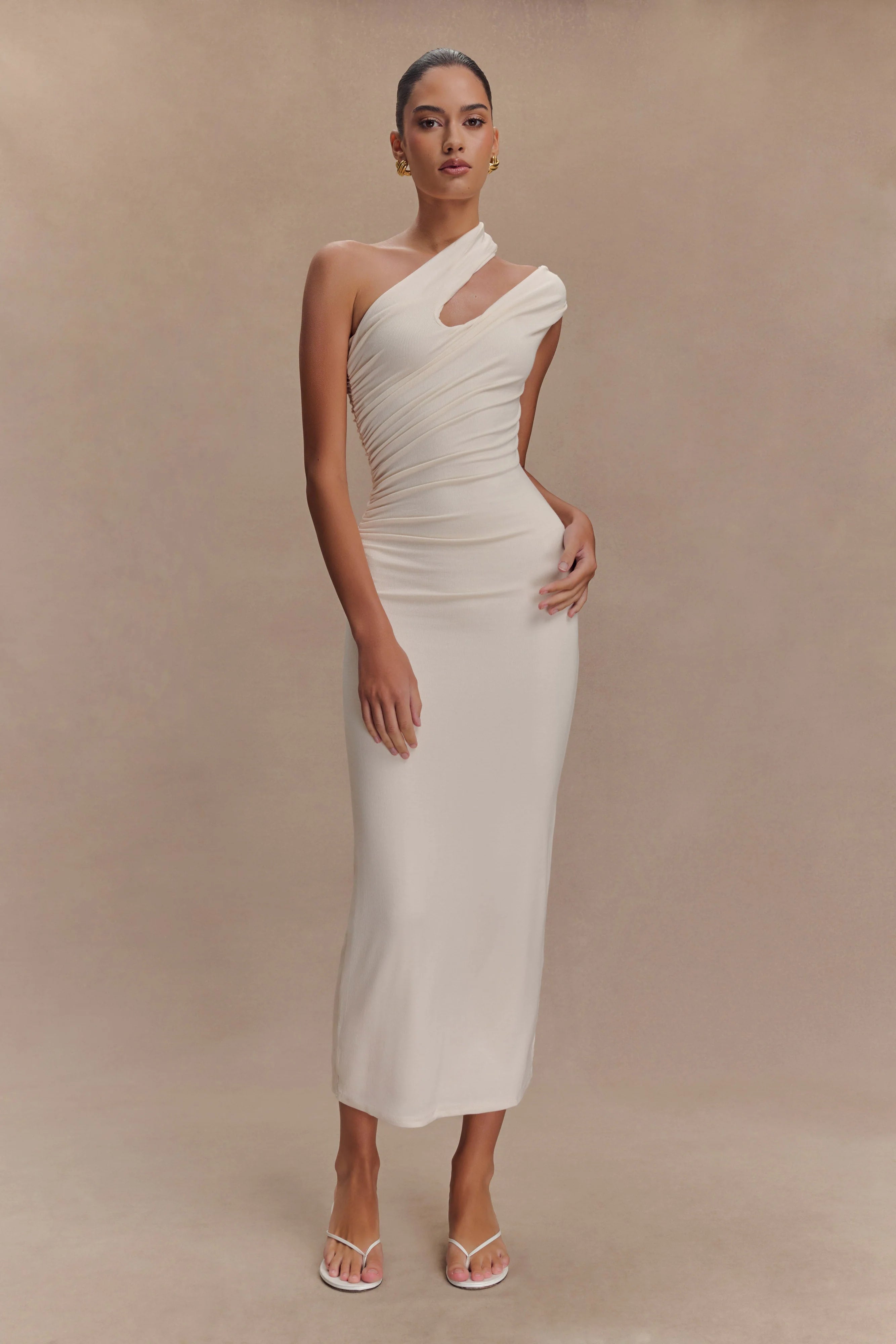 ER Anastasia One Shoulder Modal Midi Dress - Ivory