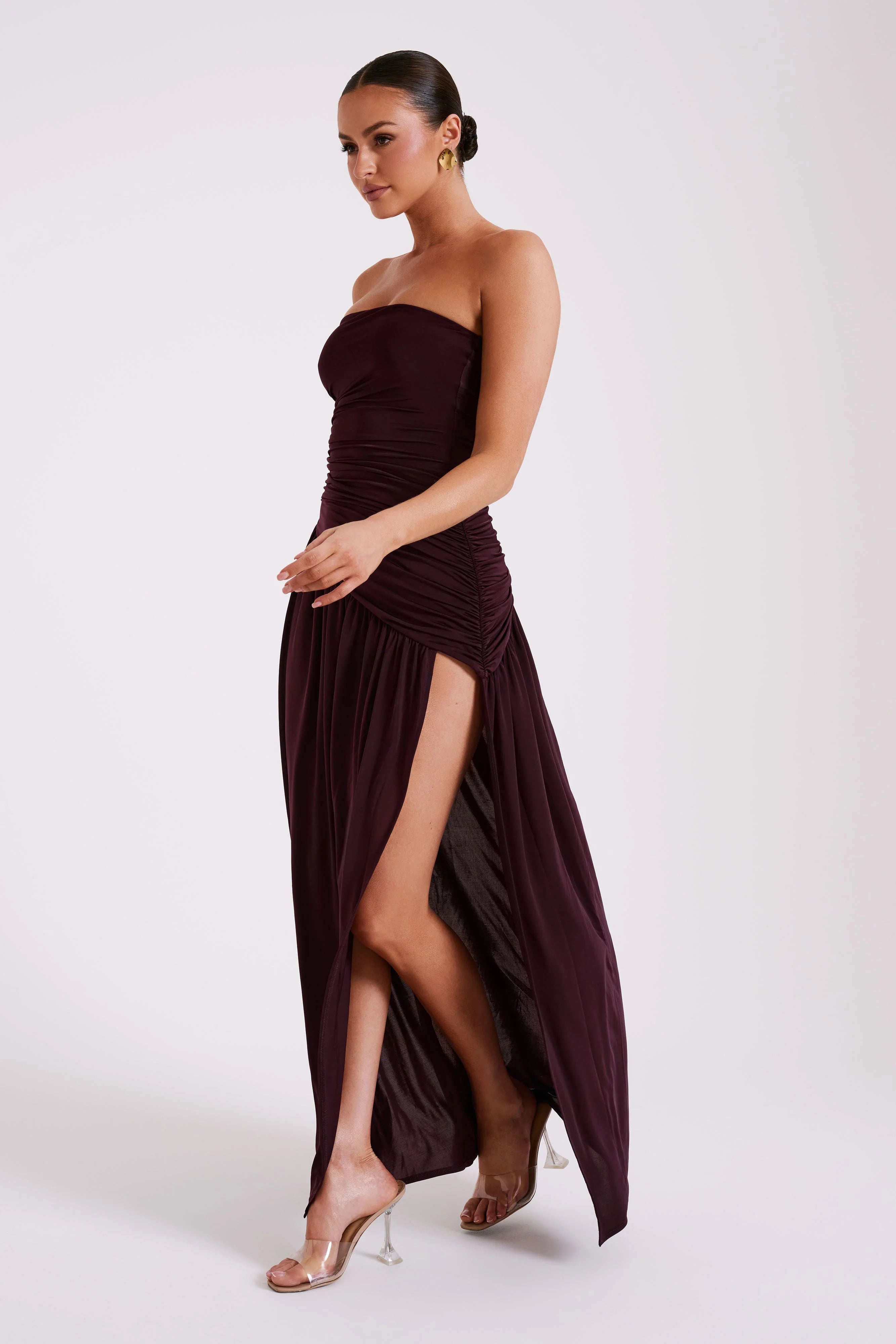 ER Bex Strapless Slinky Maxi Dress With Split - Burgundy