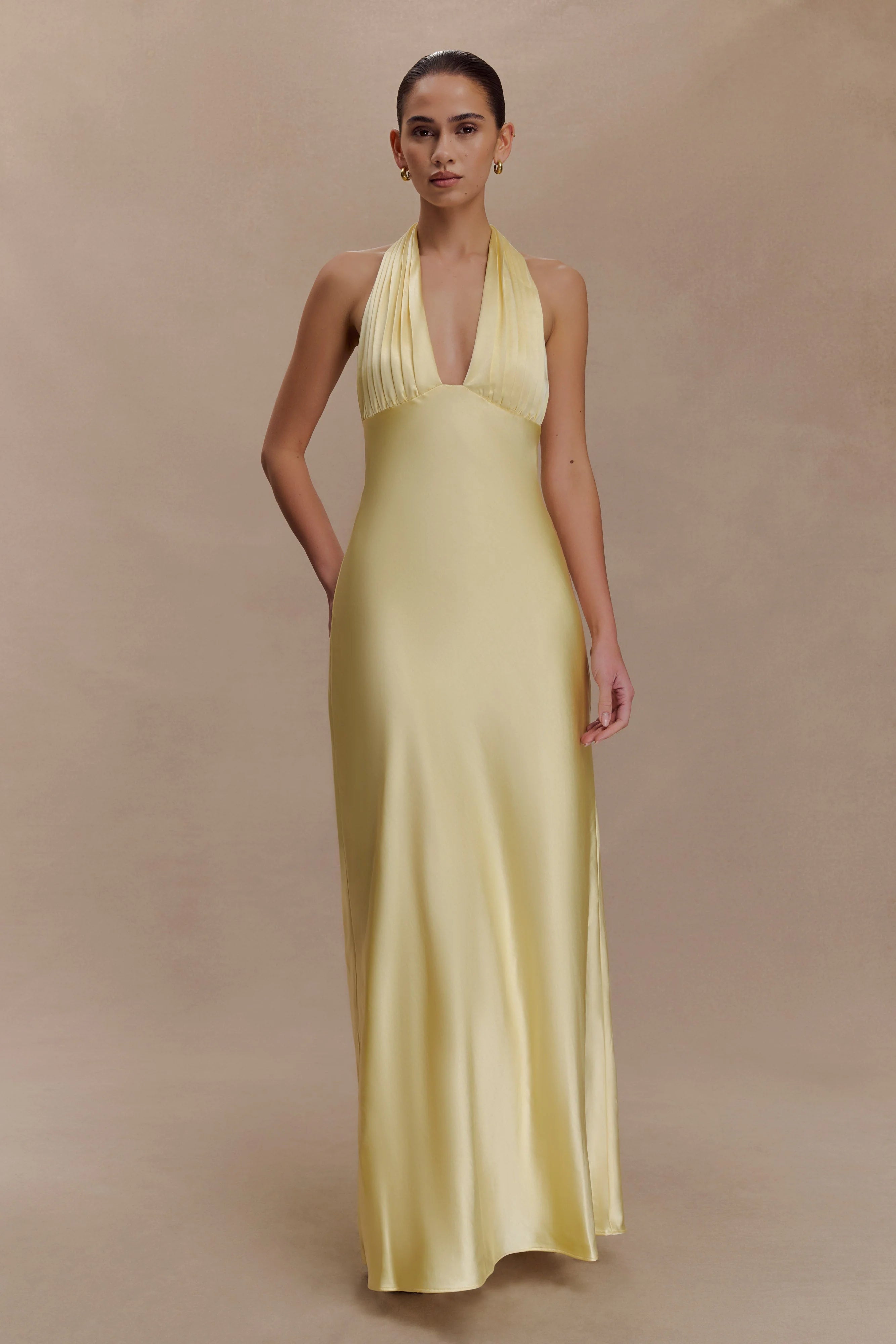 ER Alice Satin Halter Maxi Dress - Lemon