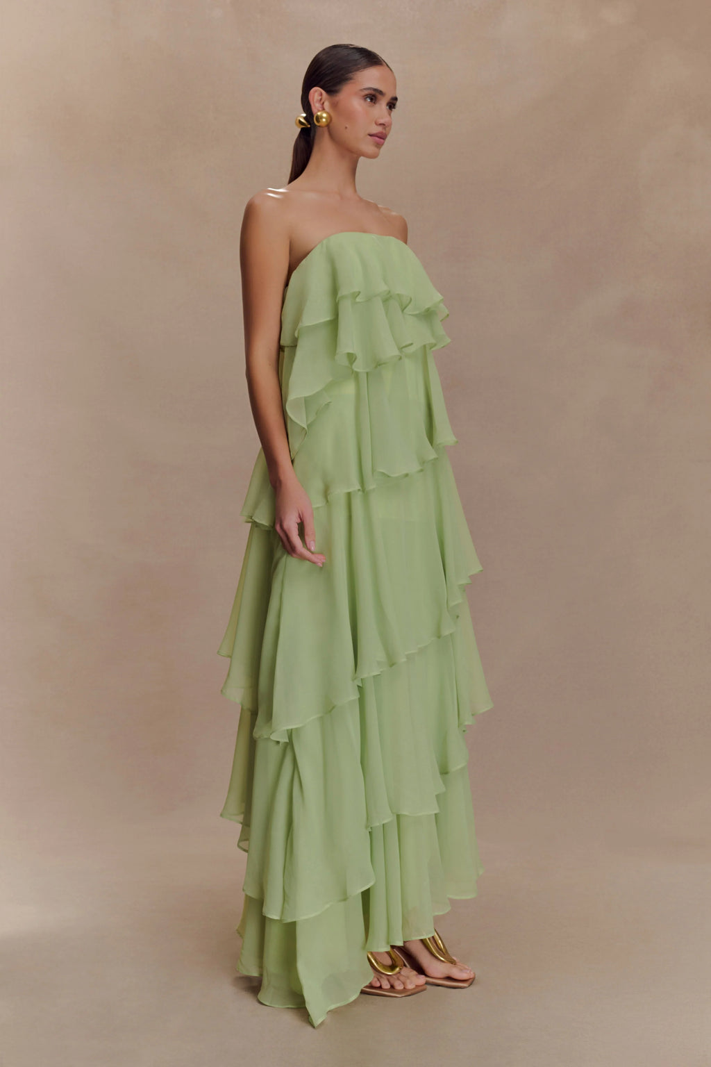ER Alexa Ruffle Chiffon Maxi Dress - Pastel Lime