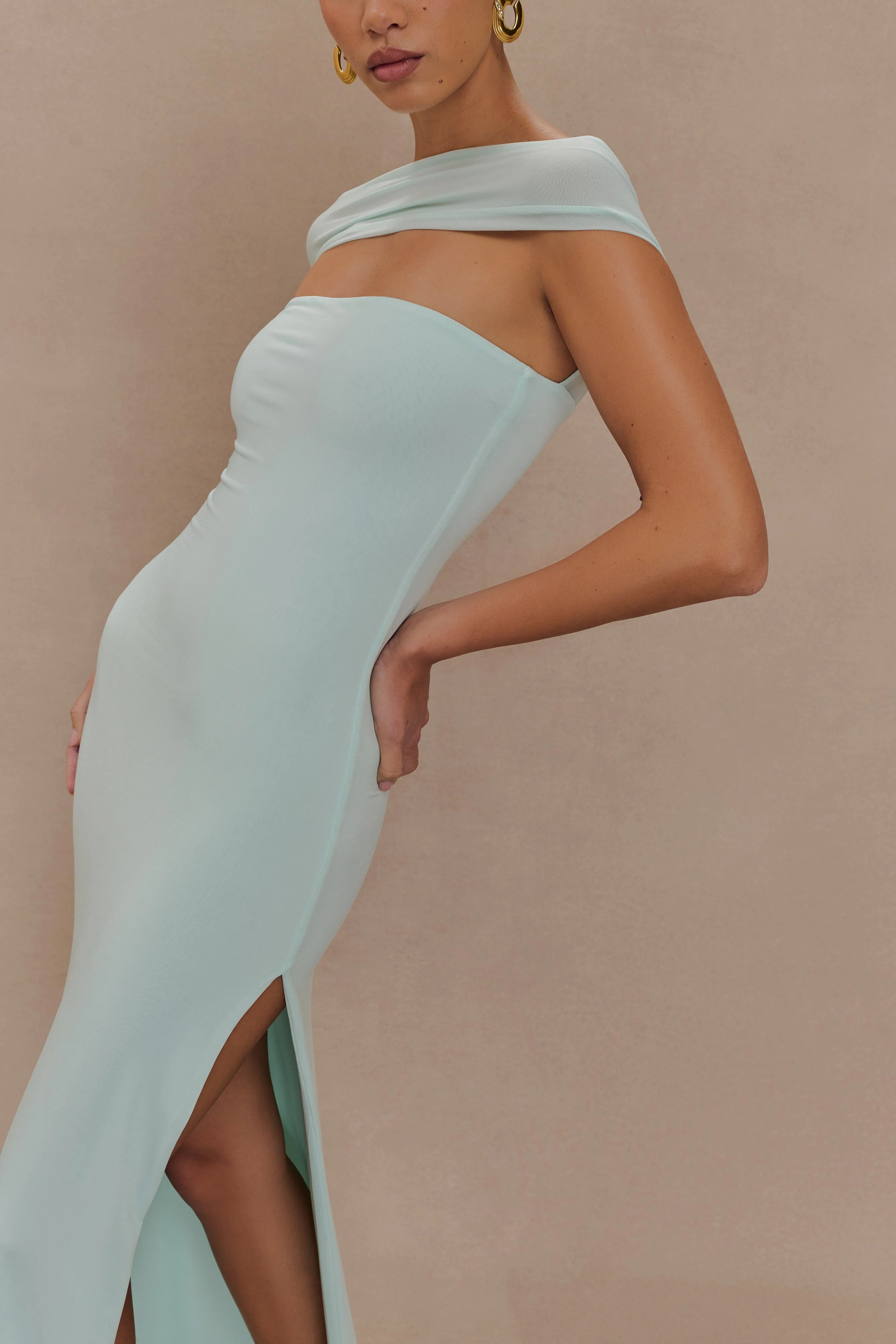 ER Aurora Slinky And Mesh Split Maxi Dress - Lagoon