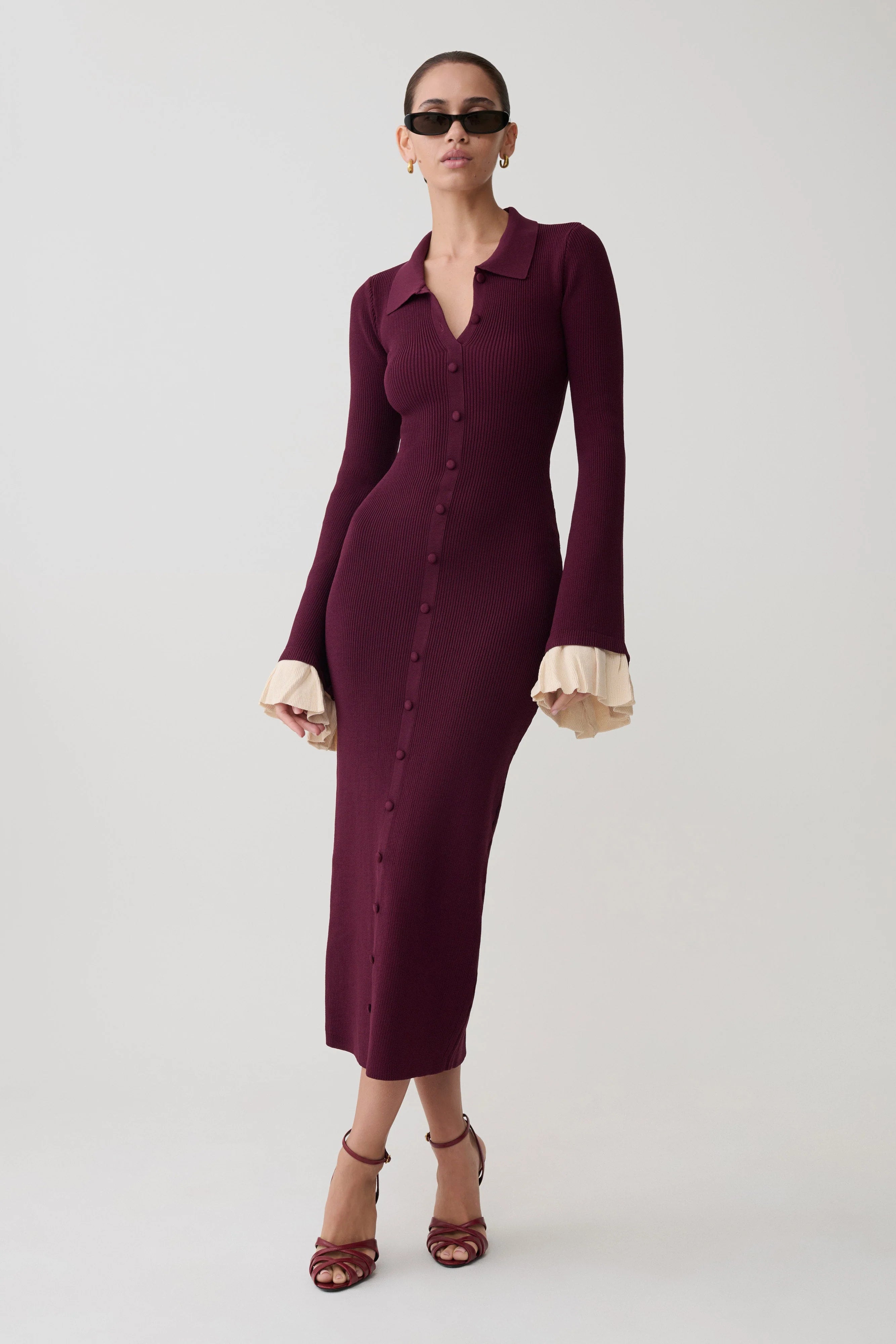 ER Amirose Ruffle Knit Midi Dress - Plum