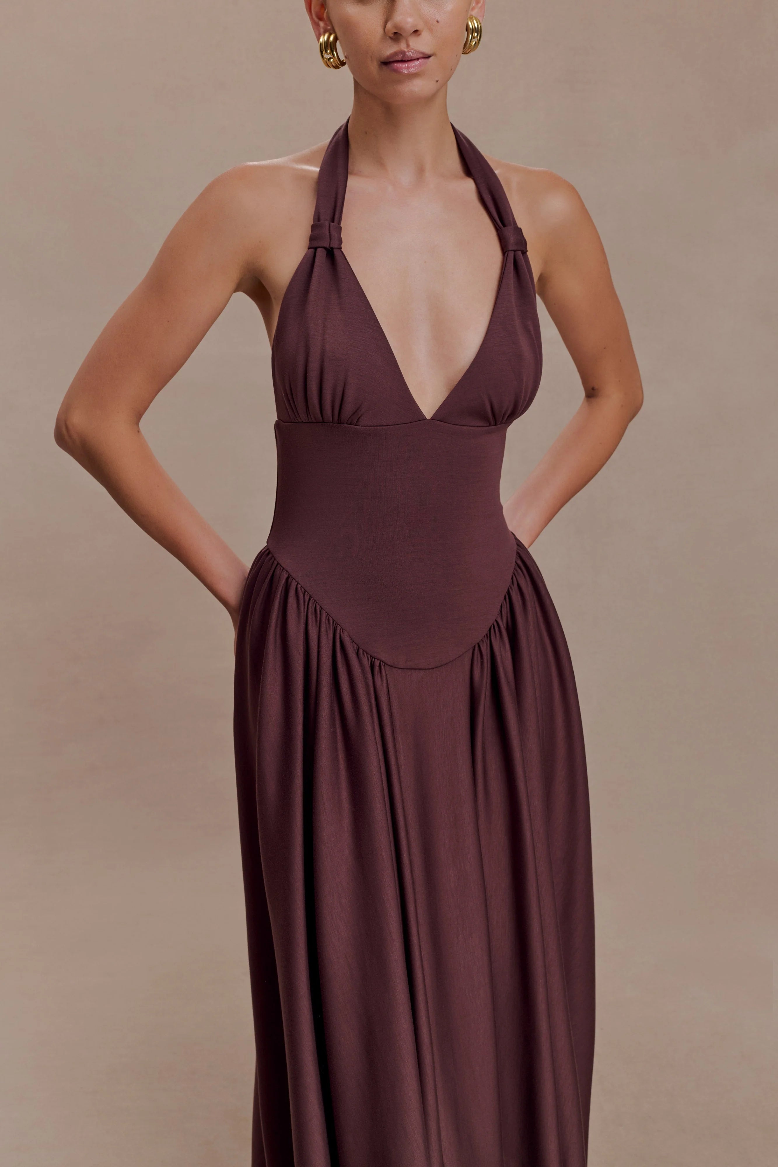 ER Angelina Scuba Halter Midi Dress - Chocolate