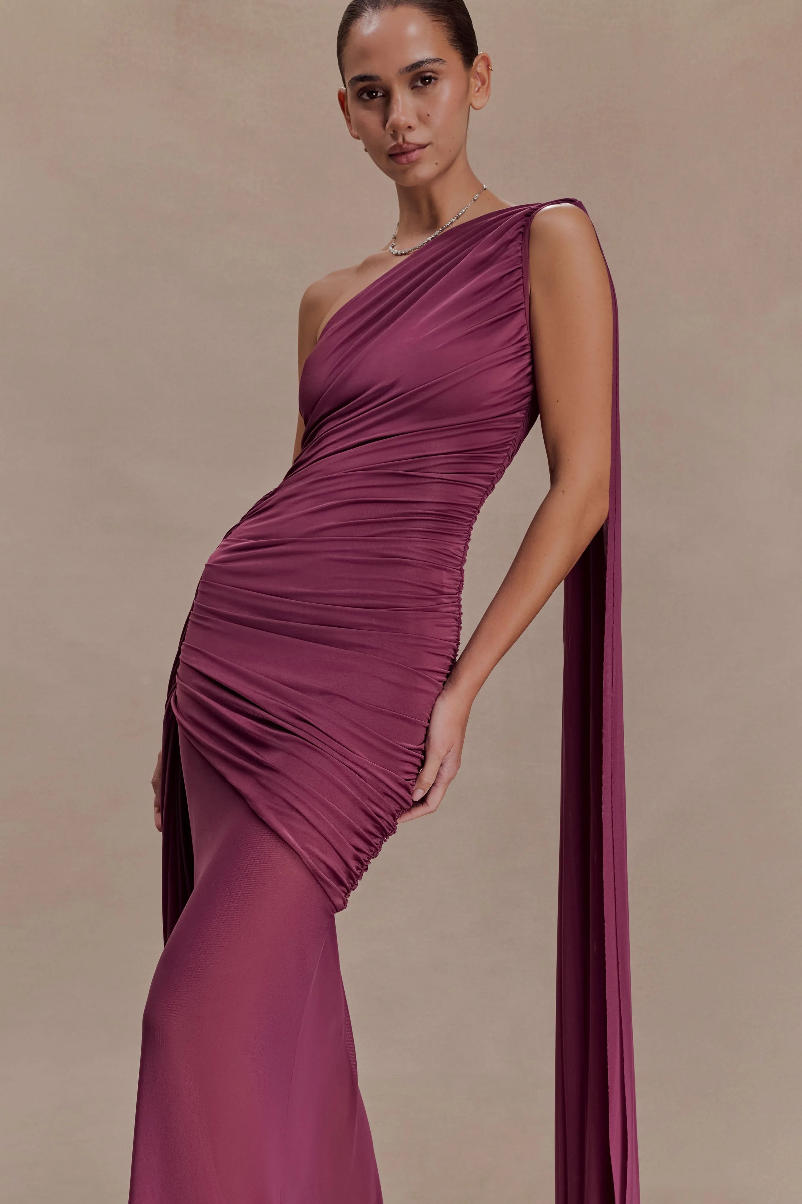 ER Asher Slinky One Shoulder Maxi Dress - Neutral Plum
