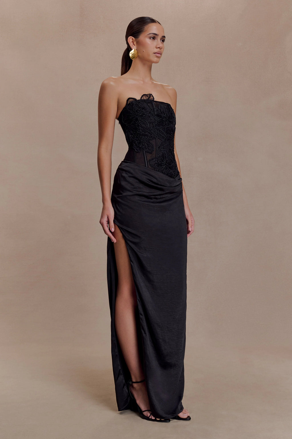 ER Asha Floral Mesh And Satin Maxi Dress - Black