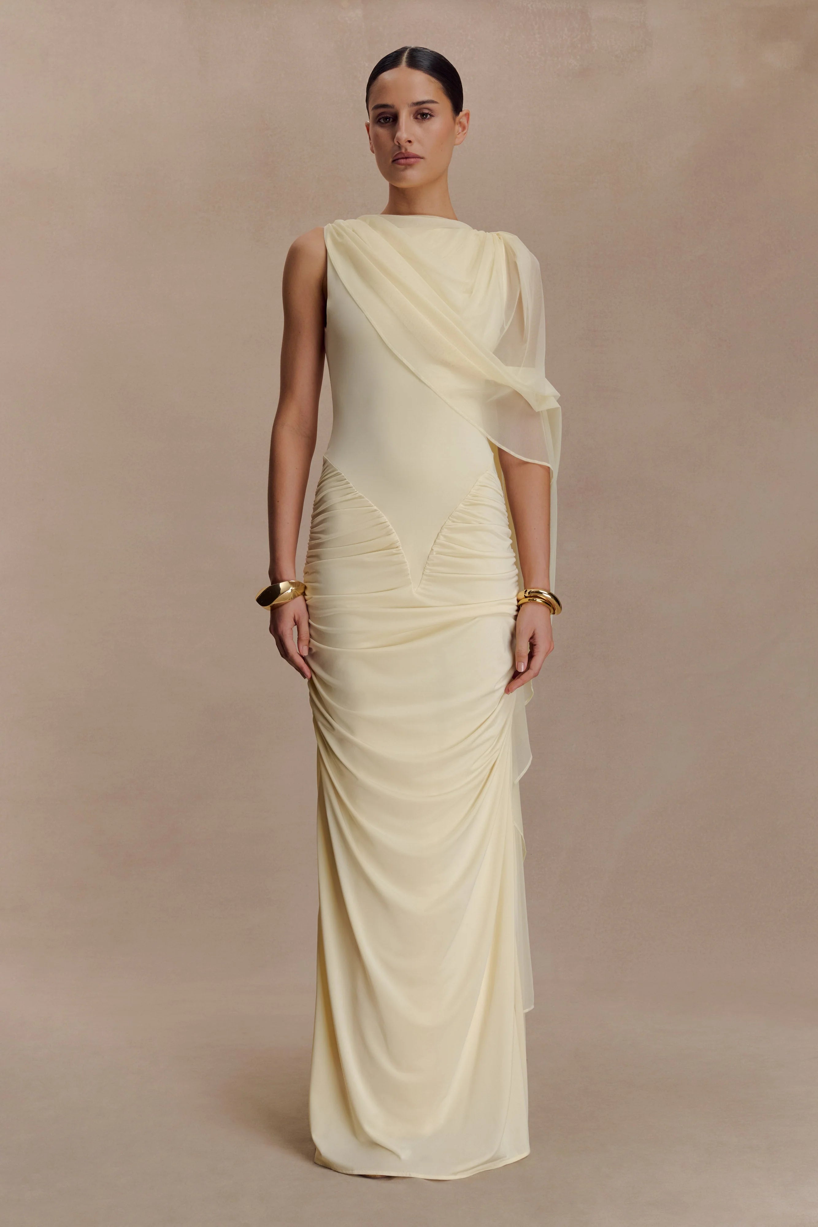 ER Amandine Ruched Slinky Maxi Dress - Lemon