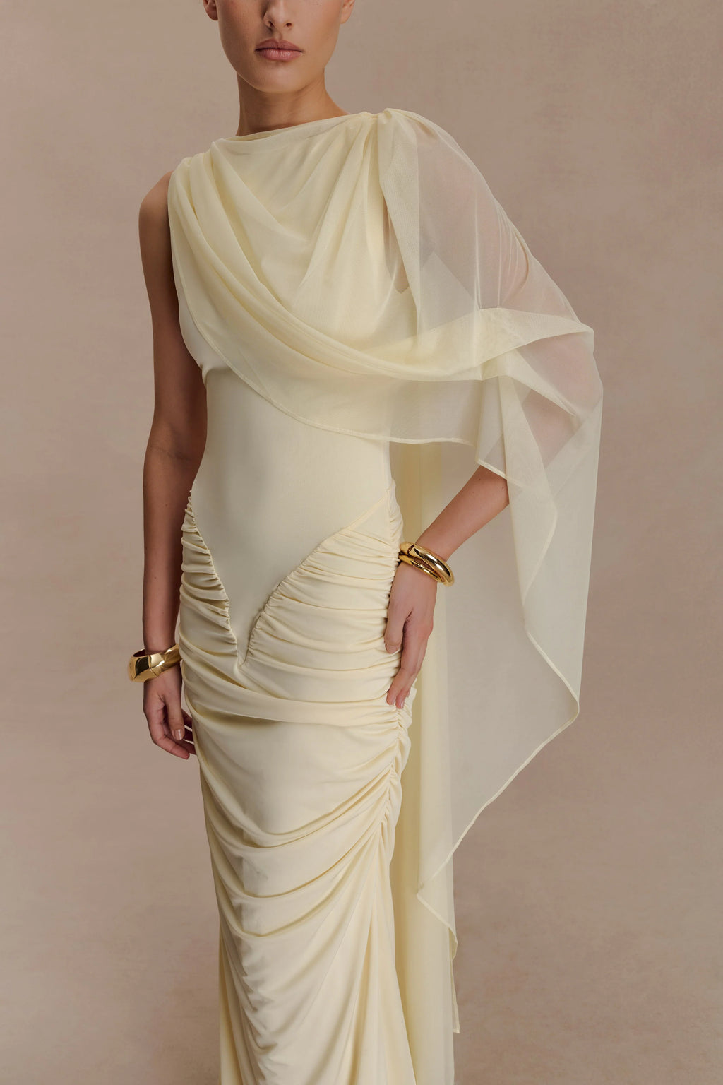 ER Amandine Ruched Slinky Maxi Dress - Lemon