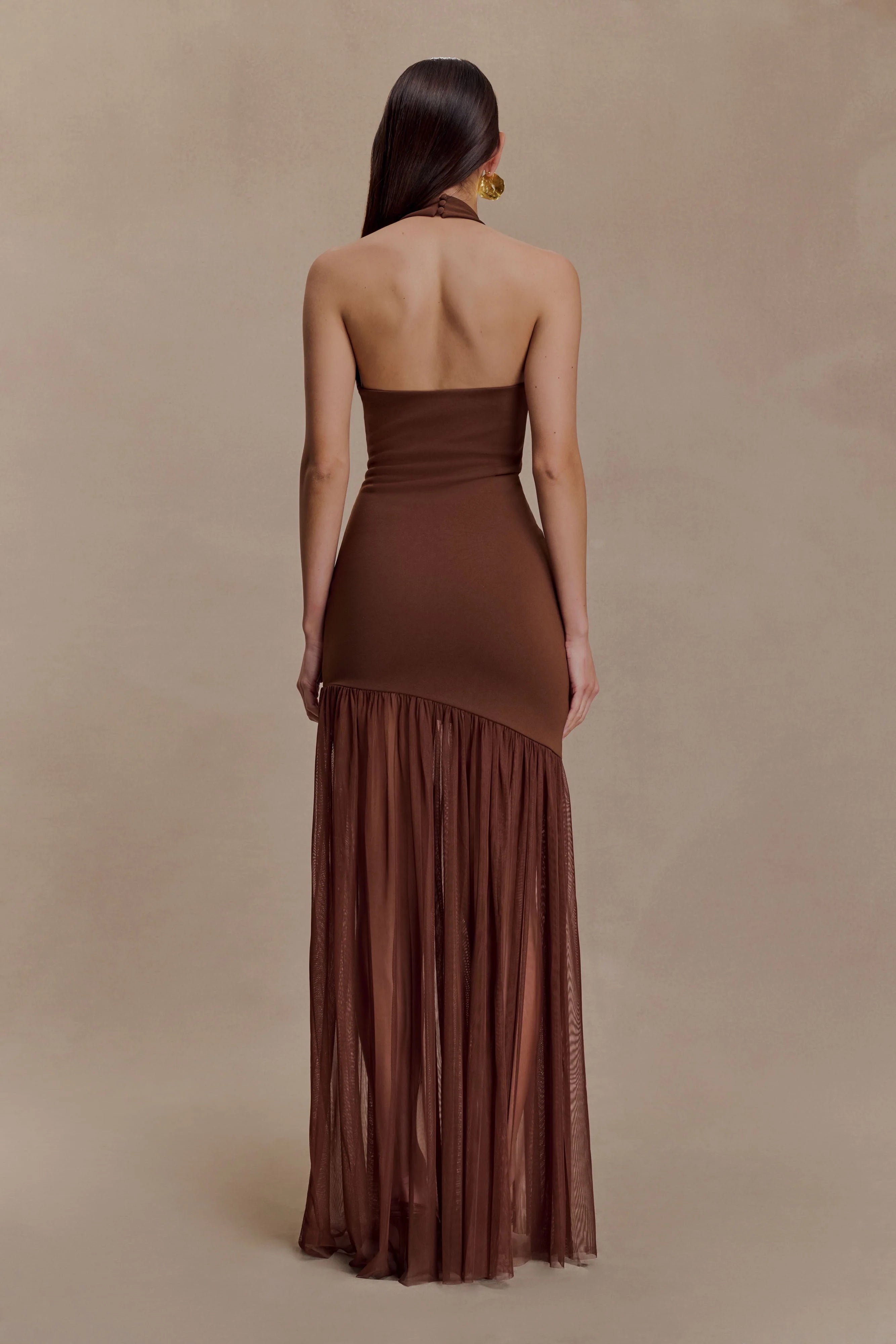 ER Aubree Crepe And Mesh Maxi Dress - Chocolate/Mocha