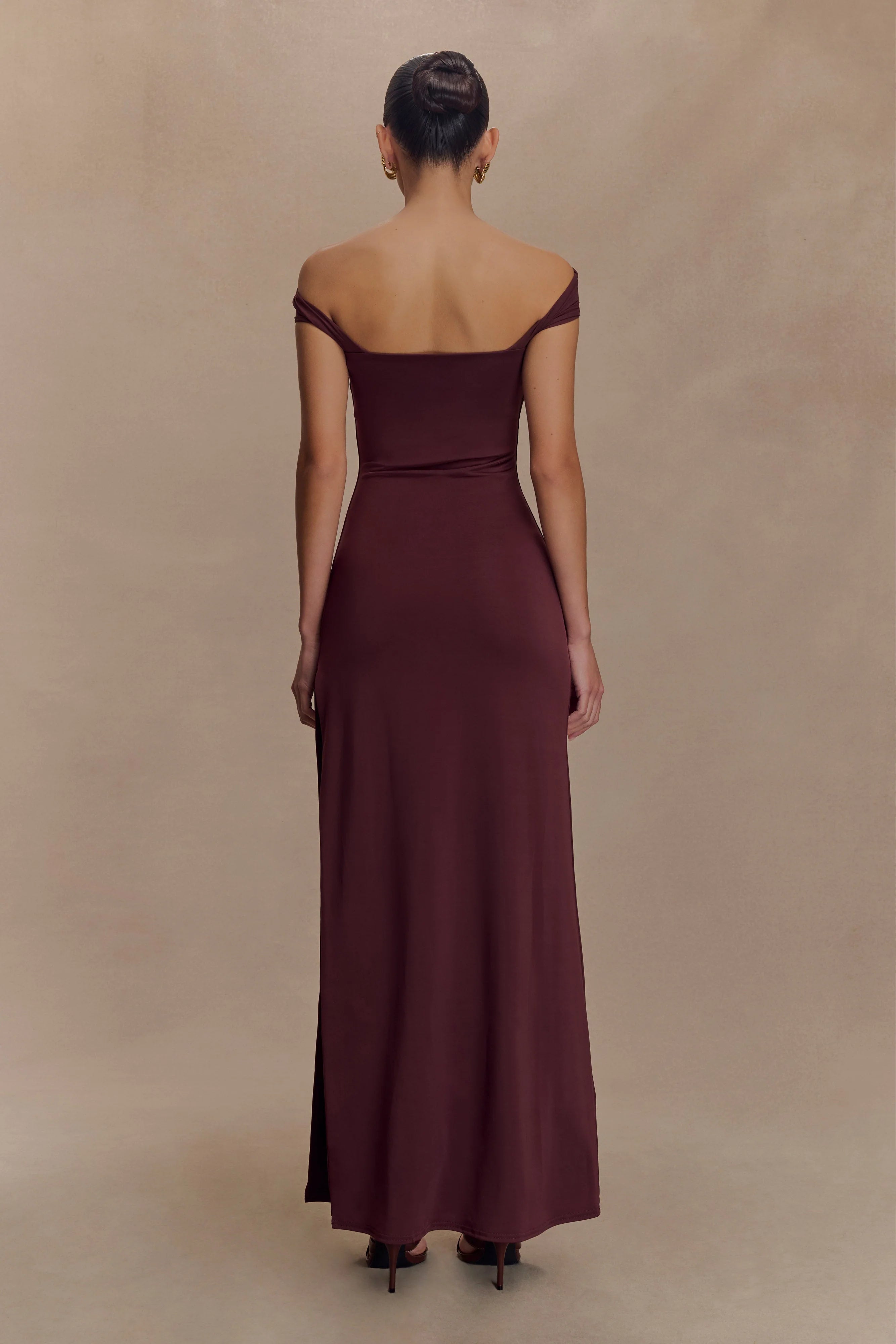 ER Aurora Slinky And Mesh Split Maxi Dress - Mahogany