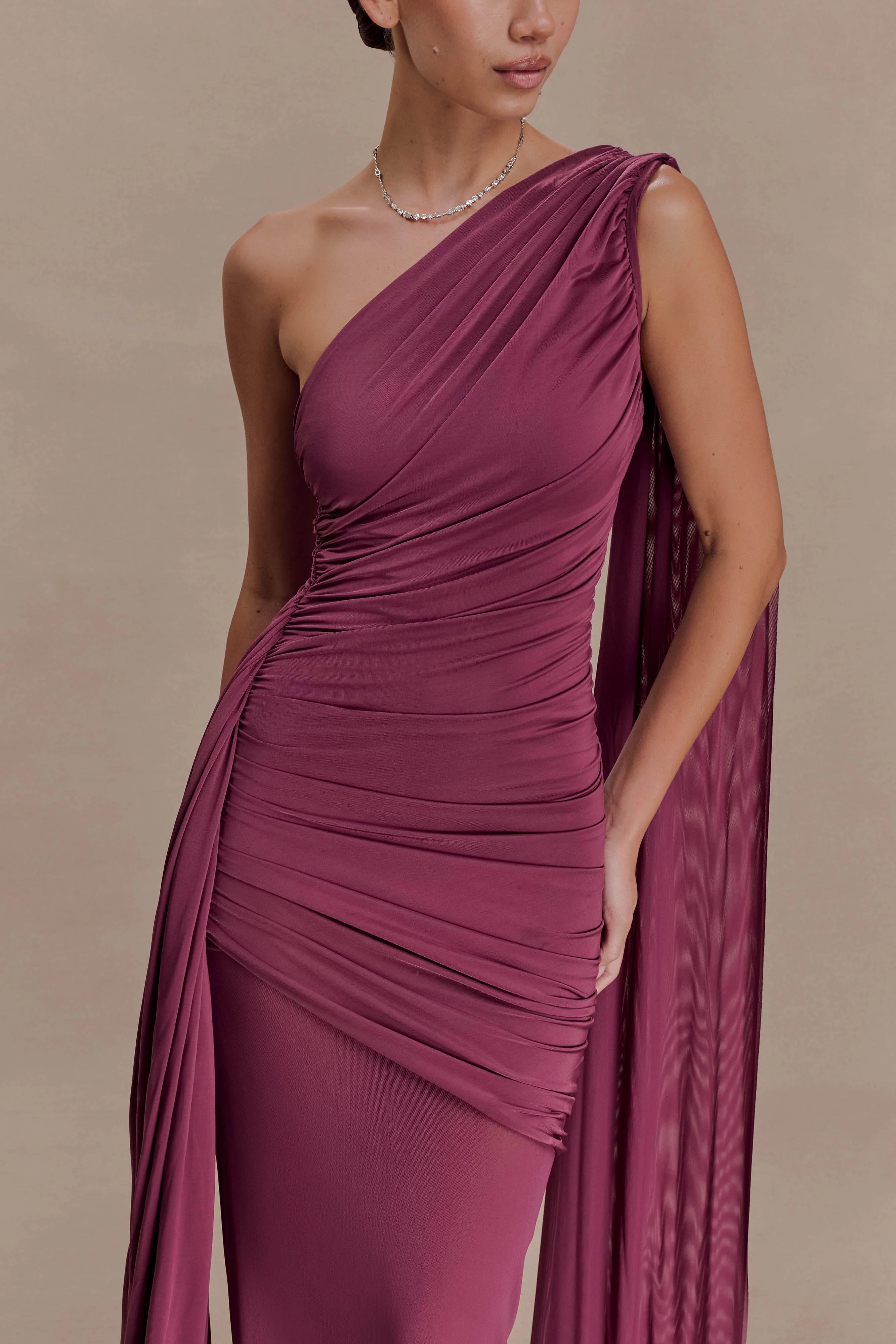 ER Asher Slinky One Shoulder Maxi Dress - Neutral Plum