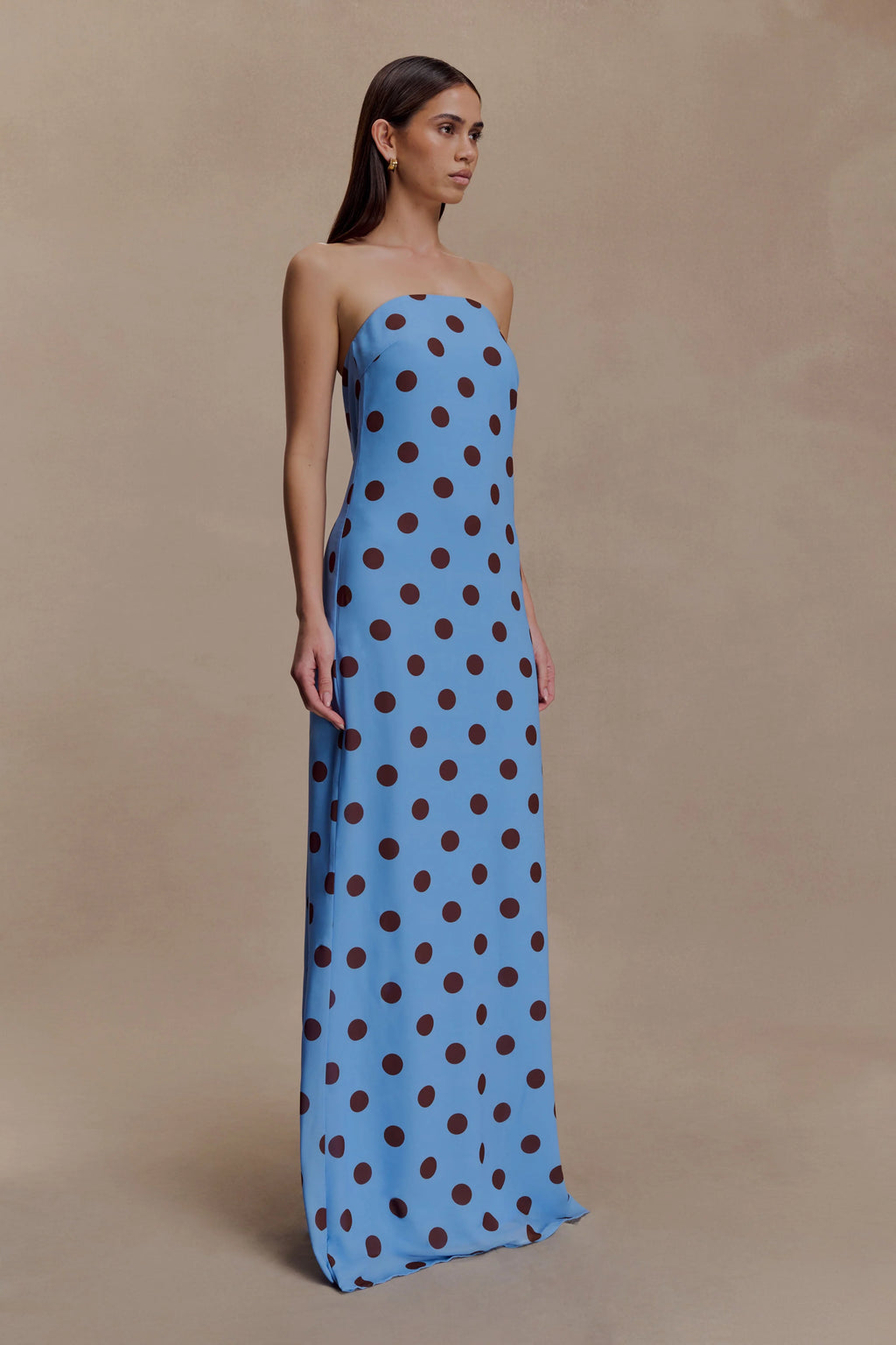 ER Amaya Strapless Chiffon Maxi Dress - Blue Polka Dot