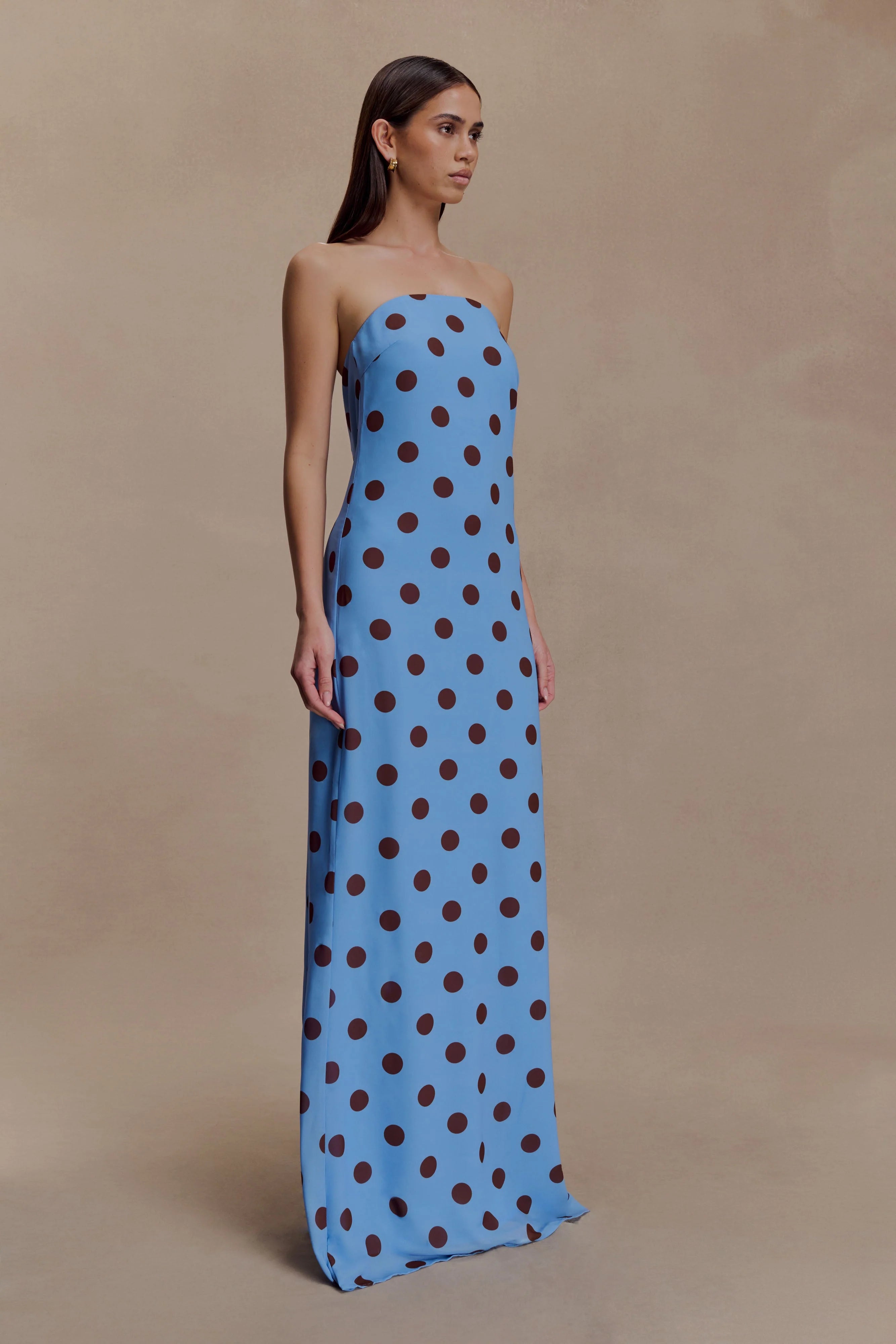 ER Amaya Strapless Chiffon Maxi Dress - Blue Polka Dot