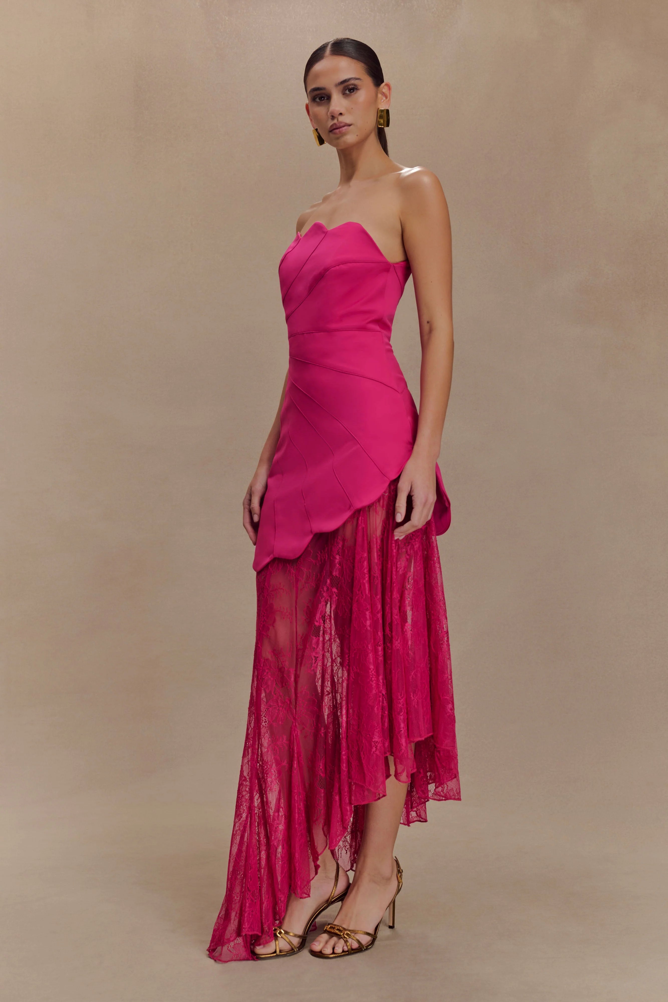 ER Aleena Satin And Lace Maxi Dress - Dragonfruit