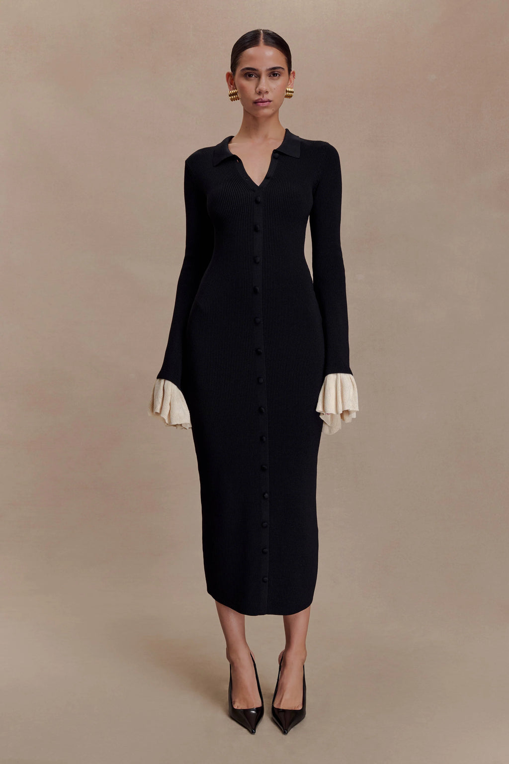 ER Amirose Ruffle Knit Midi Dress - Black