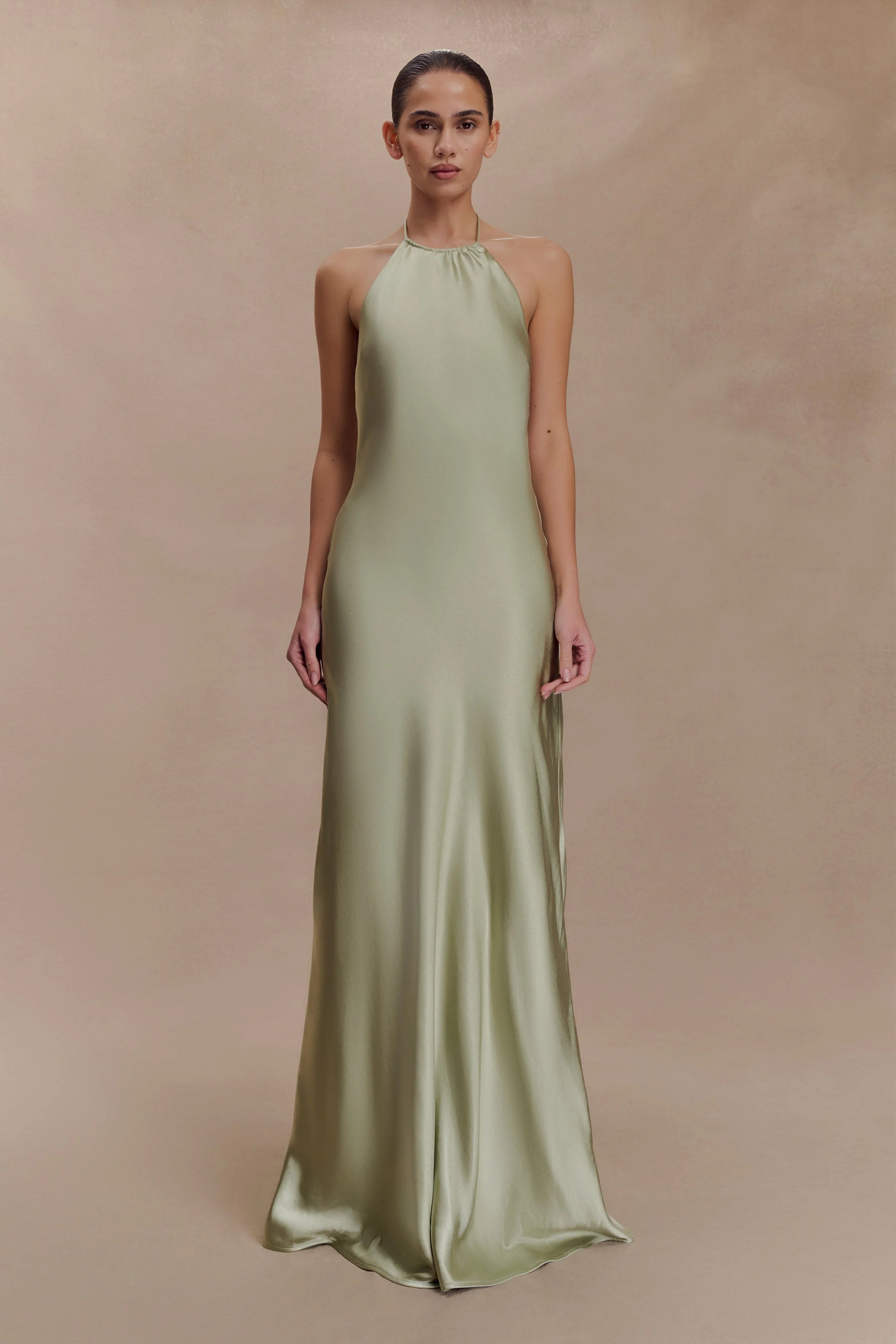 ER Bella Satin Halter Maxi Dress - Sage