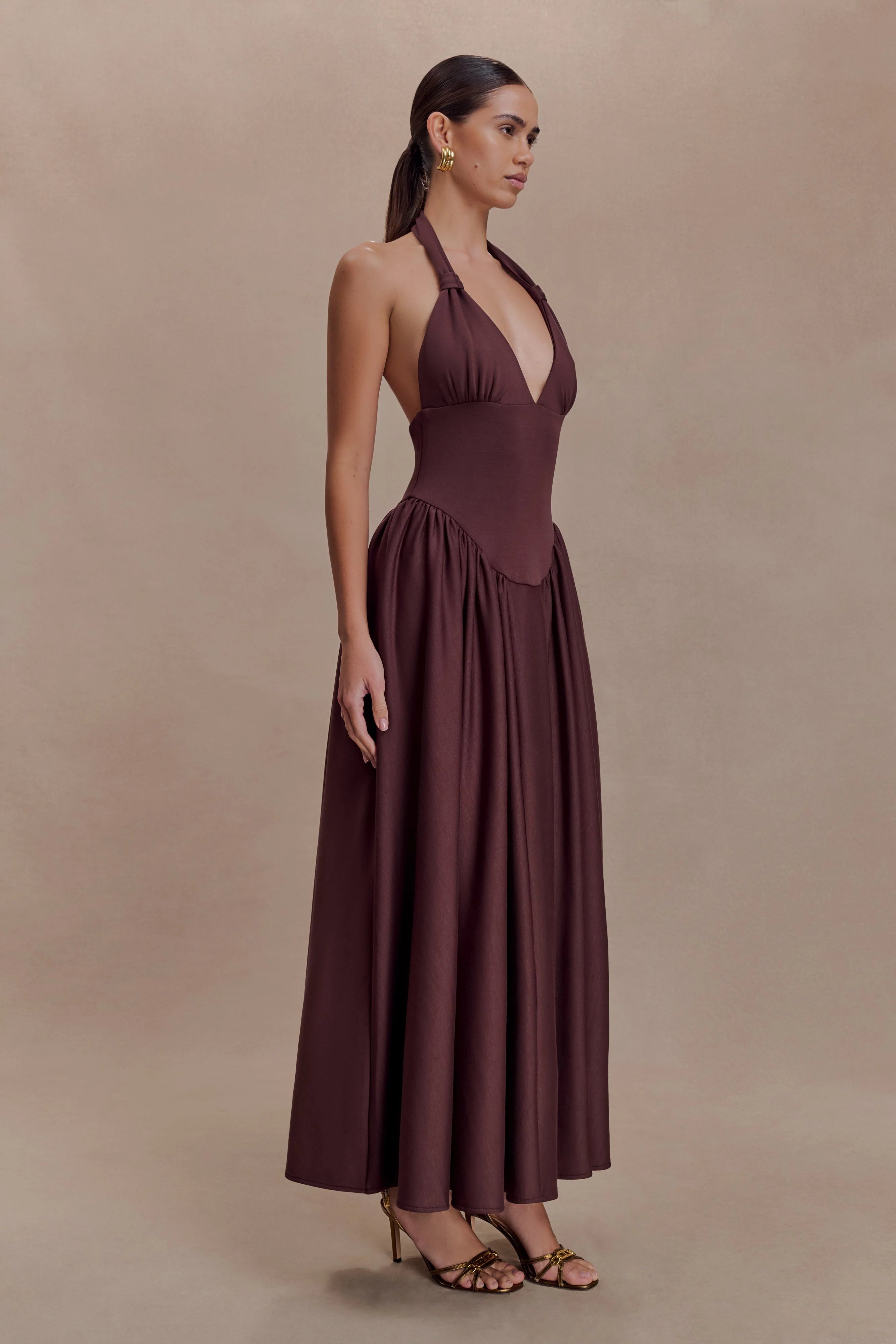 ER Angelina Scuba Halter Midi Dress - Chocolate