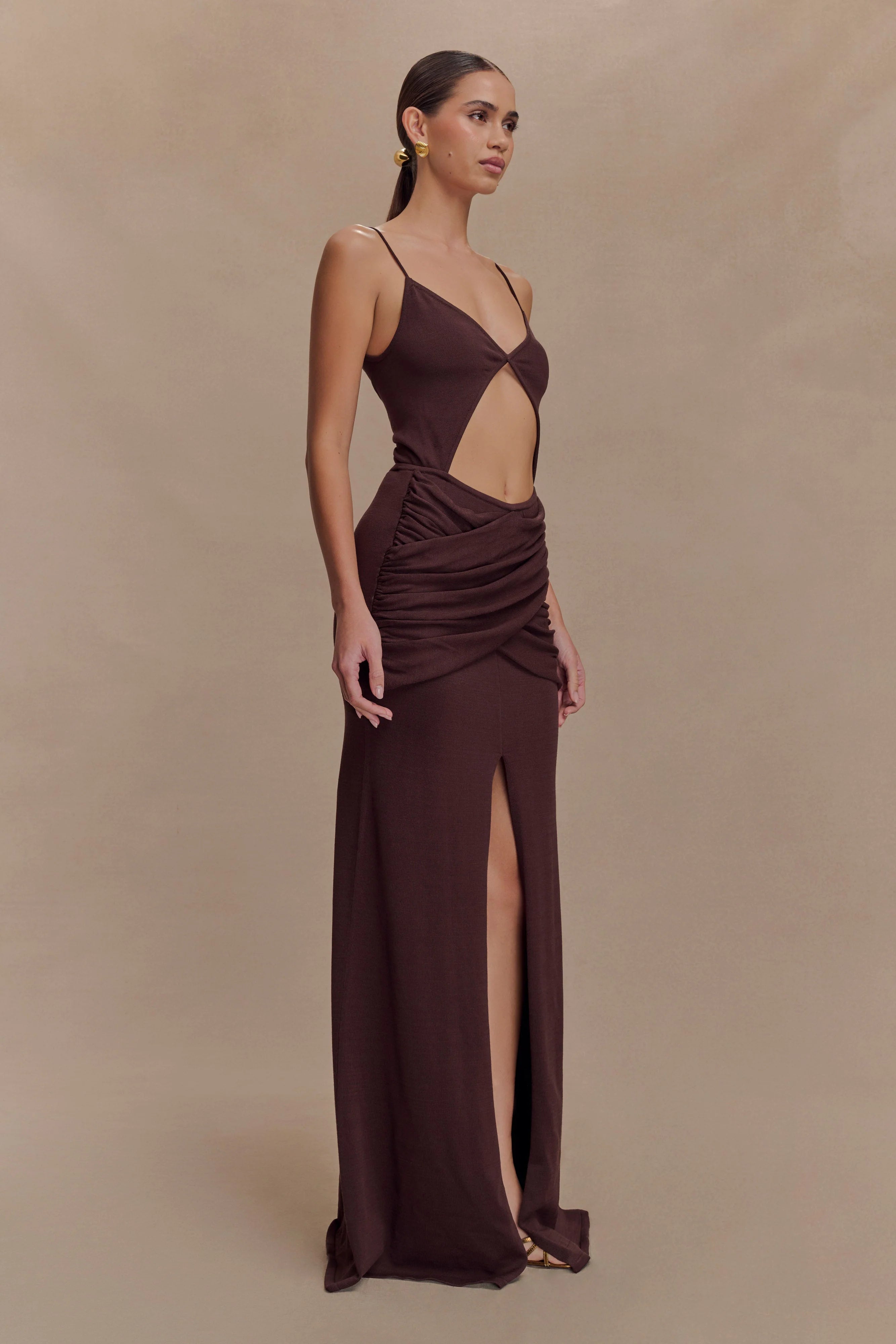 ER Reama Wrap Over Knit Maxi Dress - Chocolate