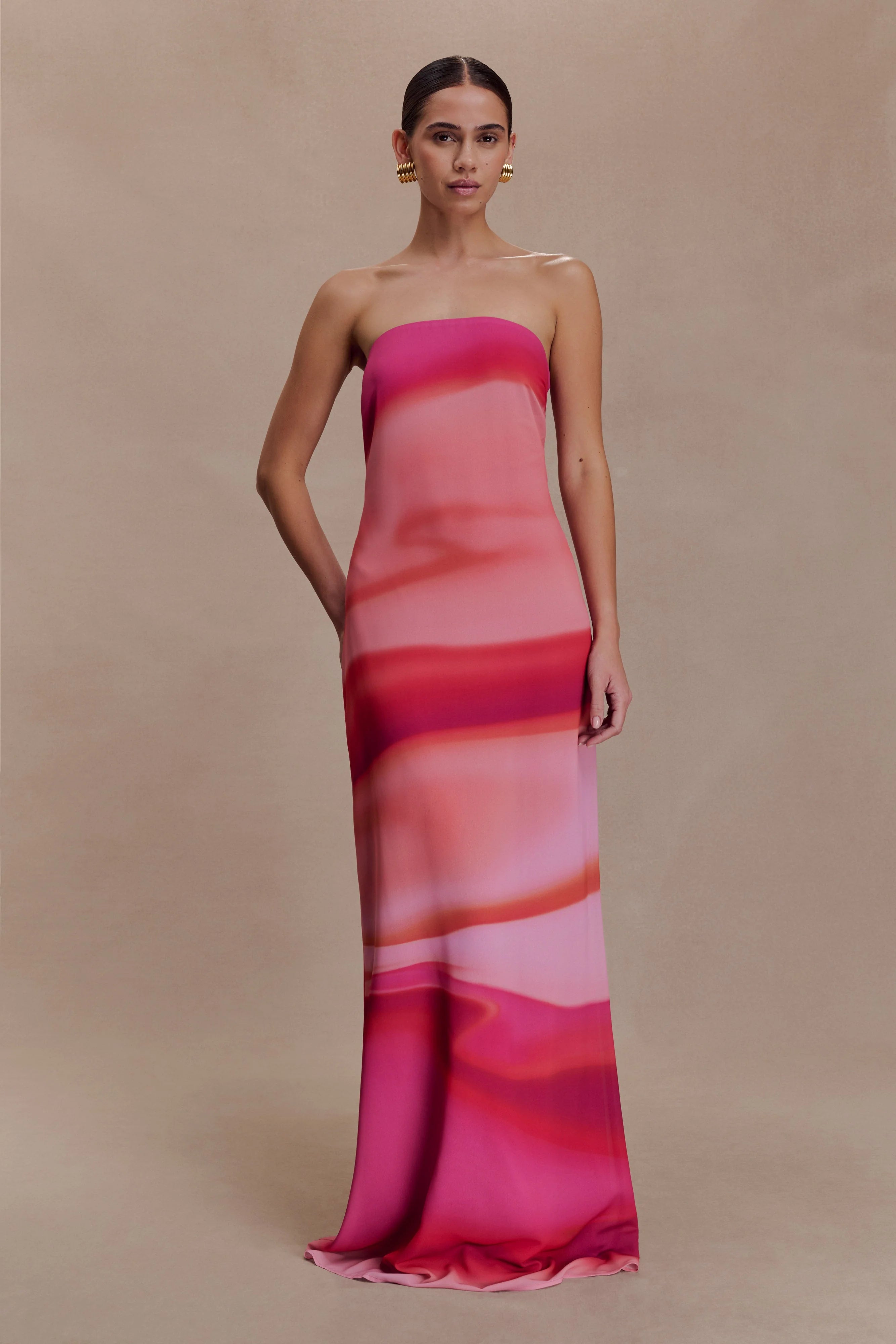 ER Amaya Strapless Chiffon Maxi Dress - Pink Sunset Print