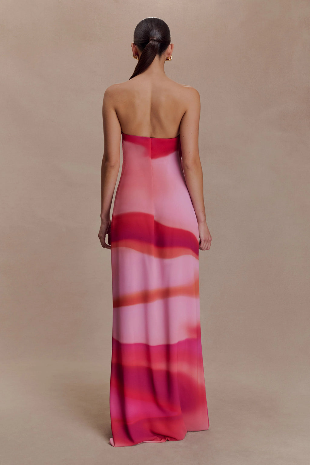 ER Amaya Strapless Chiffon Maxi Dress - Pink Sunset Print
