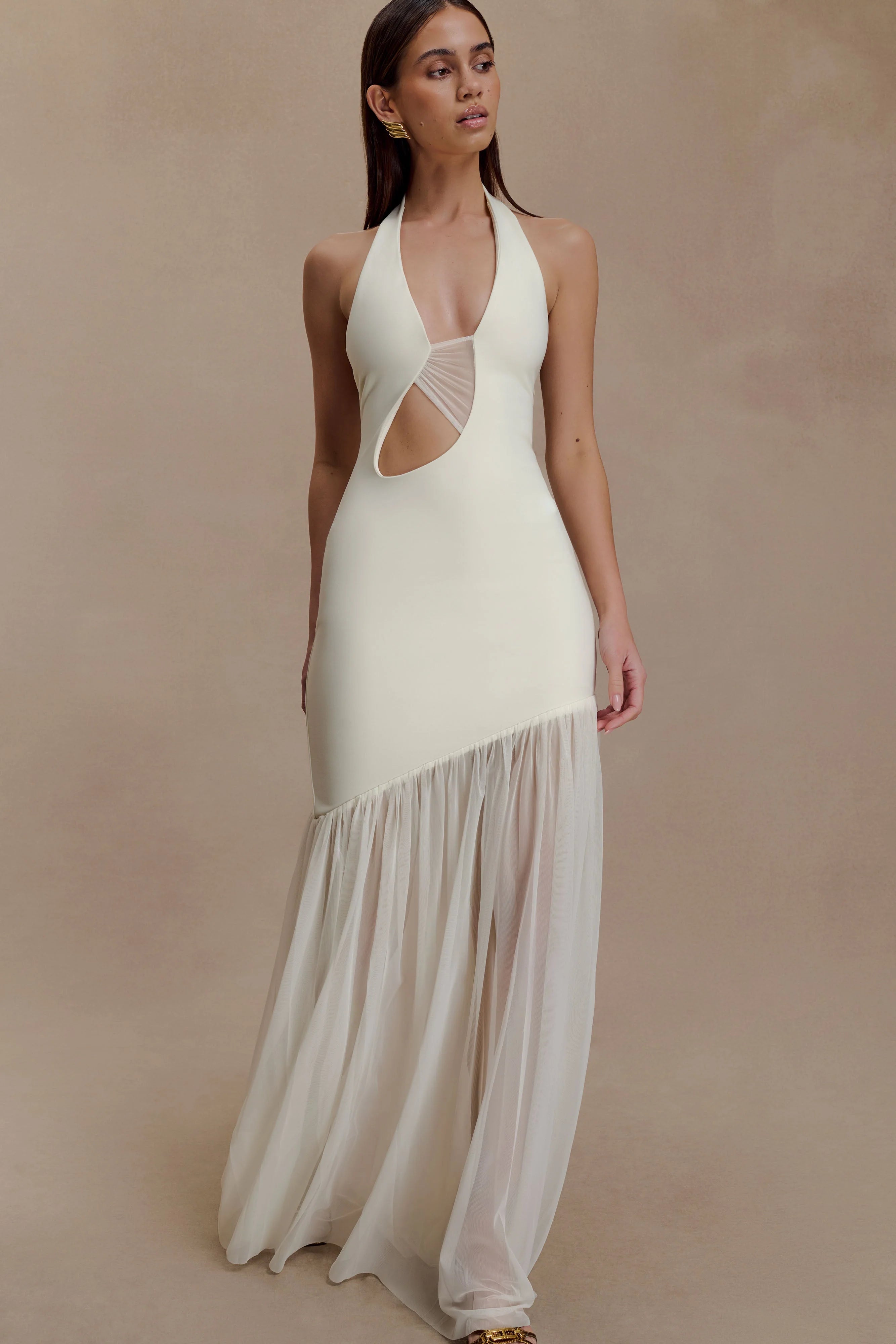 ER Aubree Crepe And Mesh Maxi Dress - Ivory