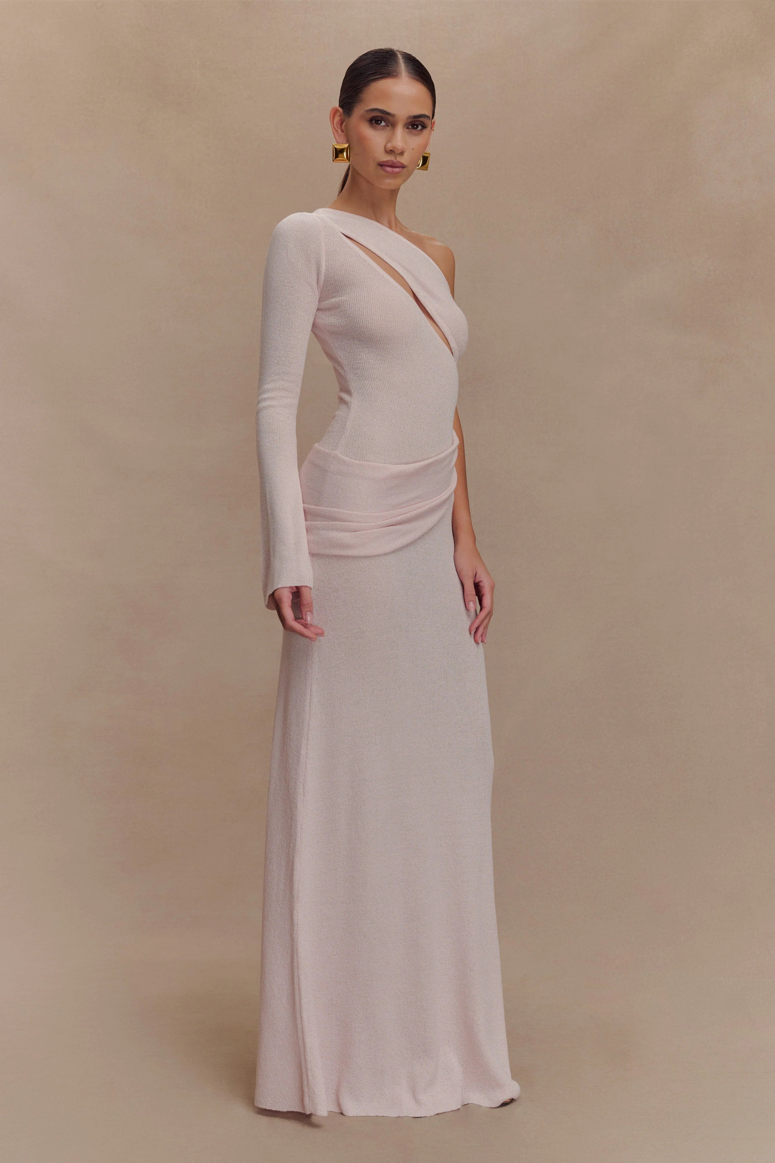 ER Alexius One Shoulder Knit Maxi Dress - Dusty Pink
