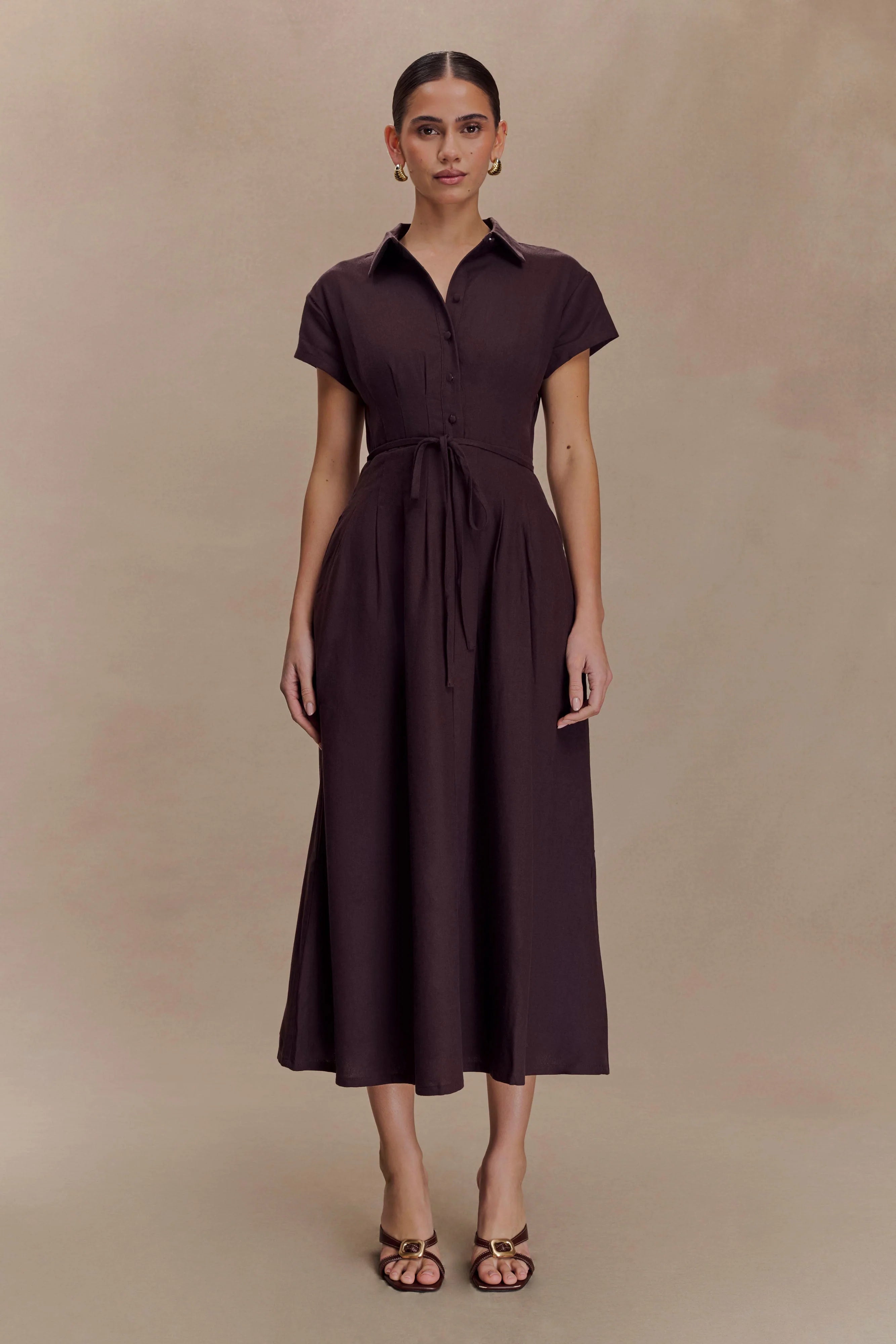 ER Aysha Buttoned Linen Midi Dress - Chocolate