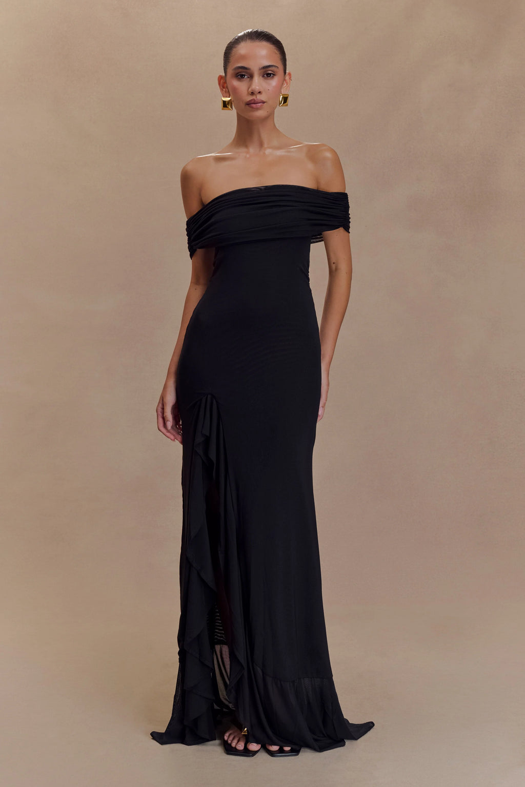ER Audrey Off Shoulder Mesh Maxi Dress - Black