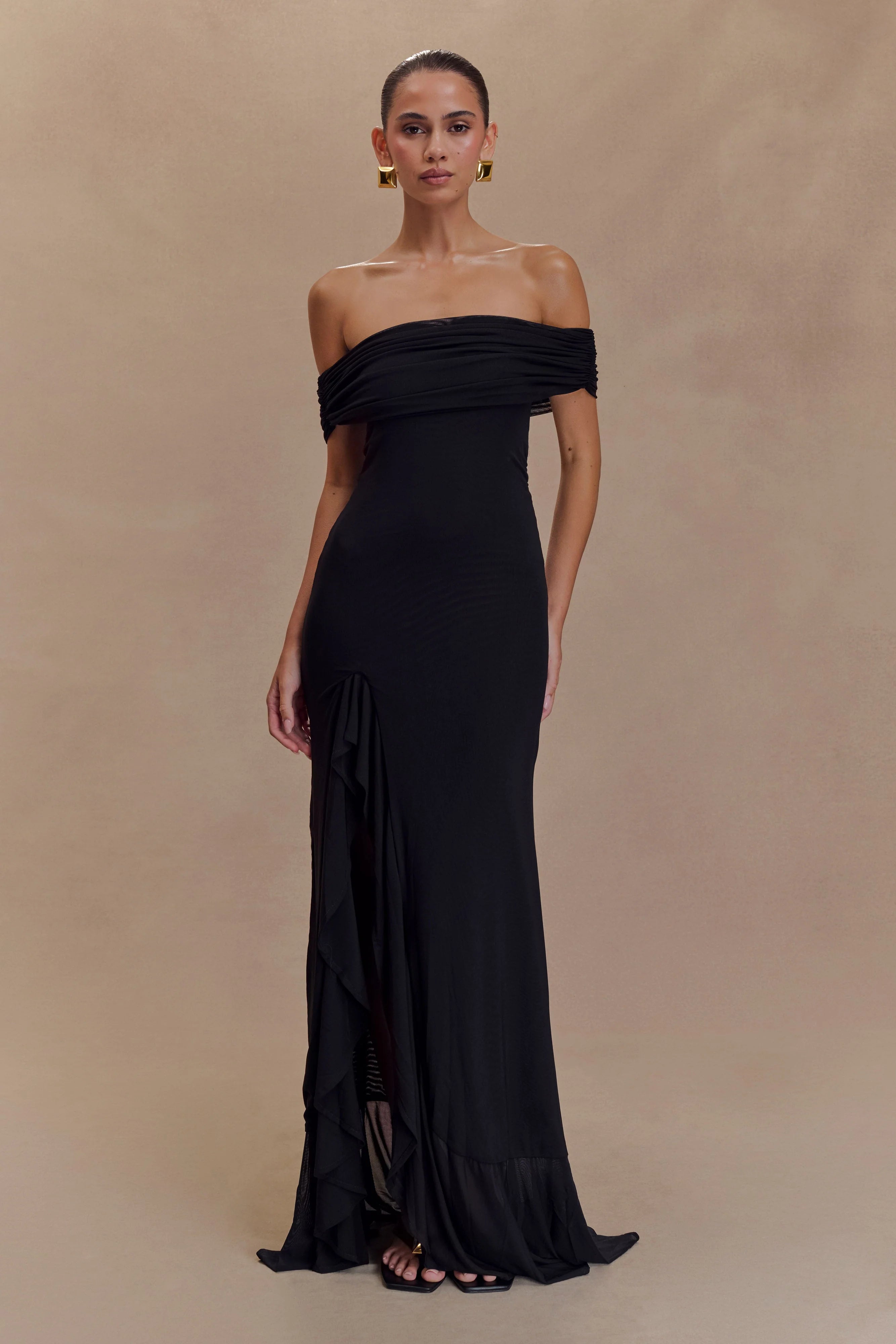 ER Audrey Off Shoulder Mesh Maxi Dress - Black