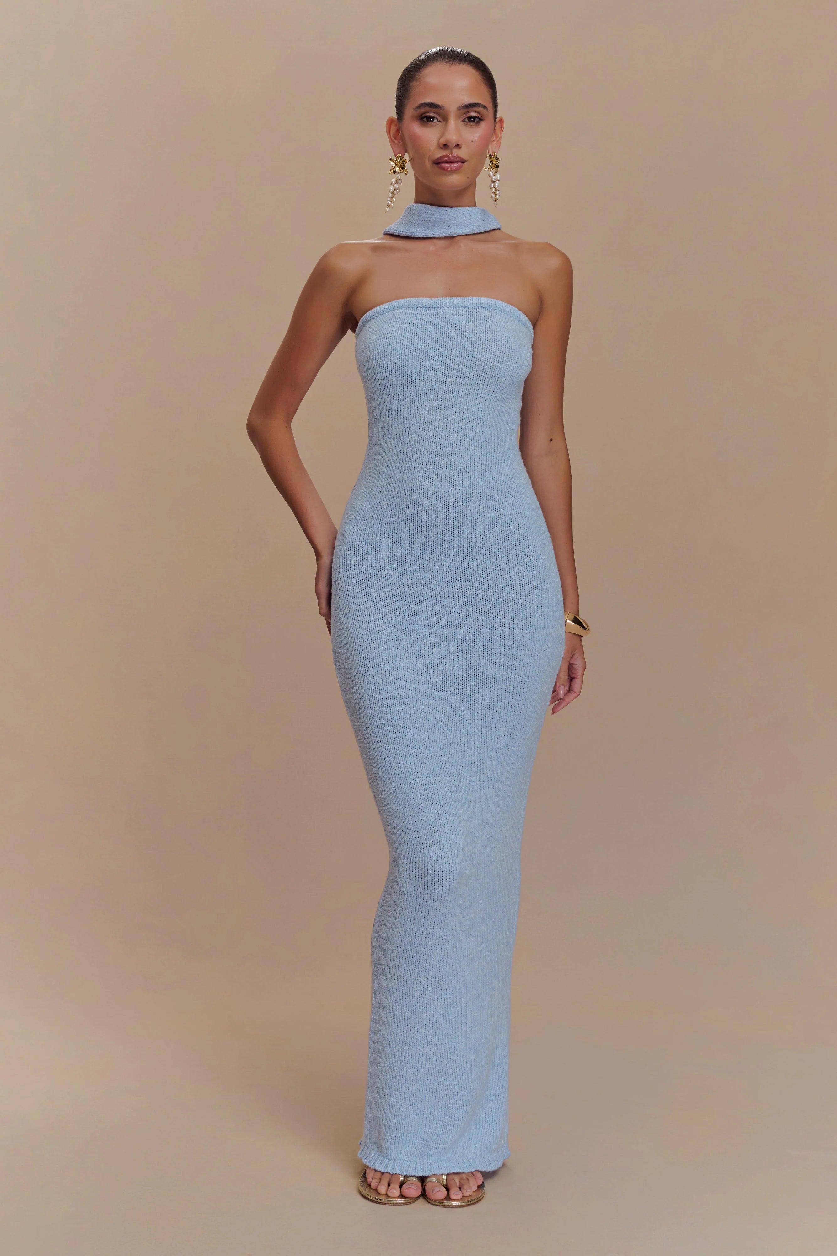ER Andrea Strapless Knit Maxi Dress - Light Blue