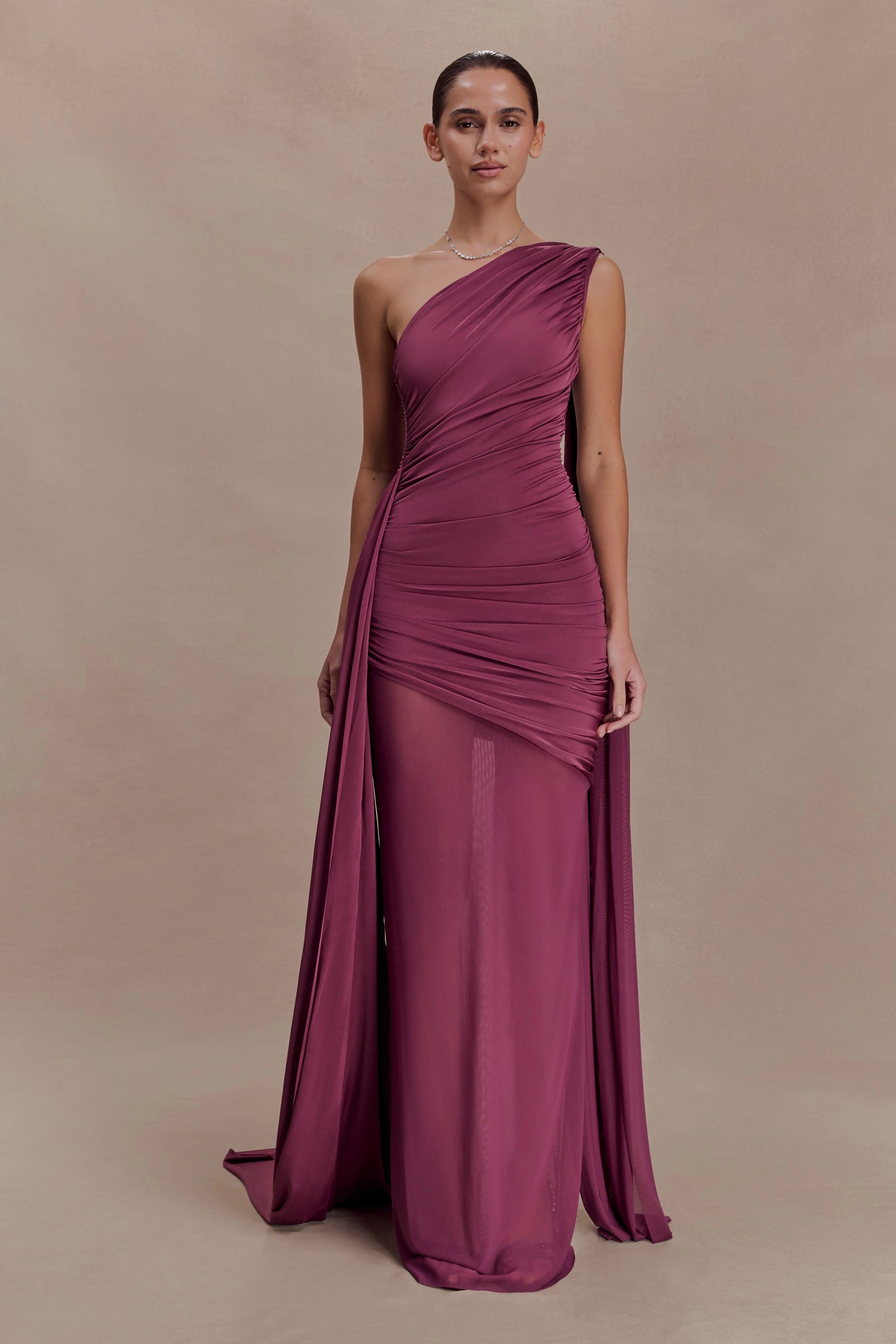ER Asher Slinky One Shoulder Maxi Dress - Neutral Plum