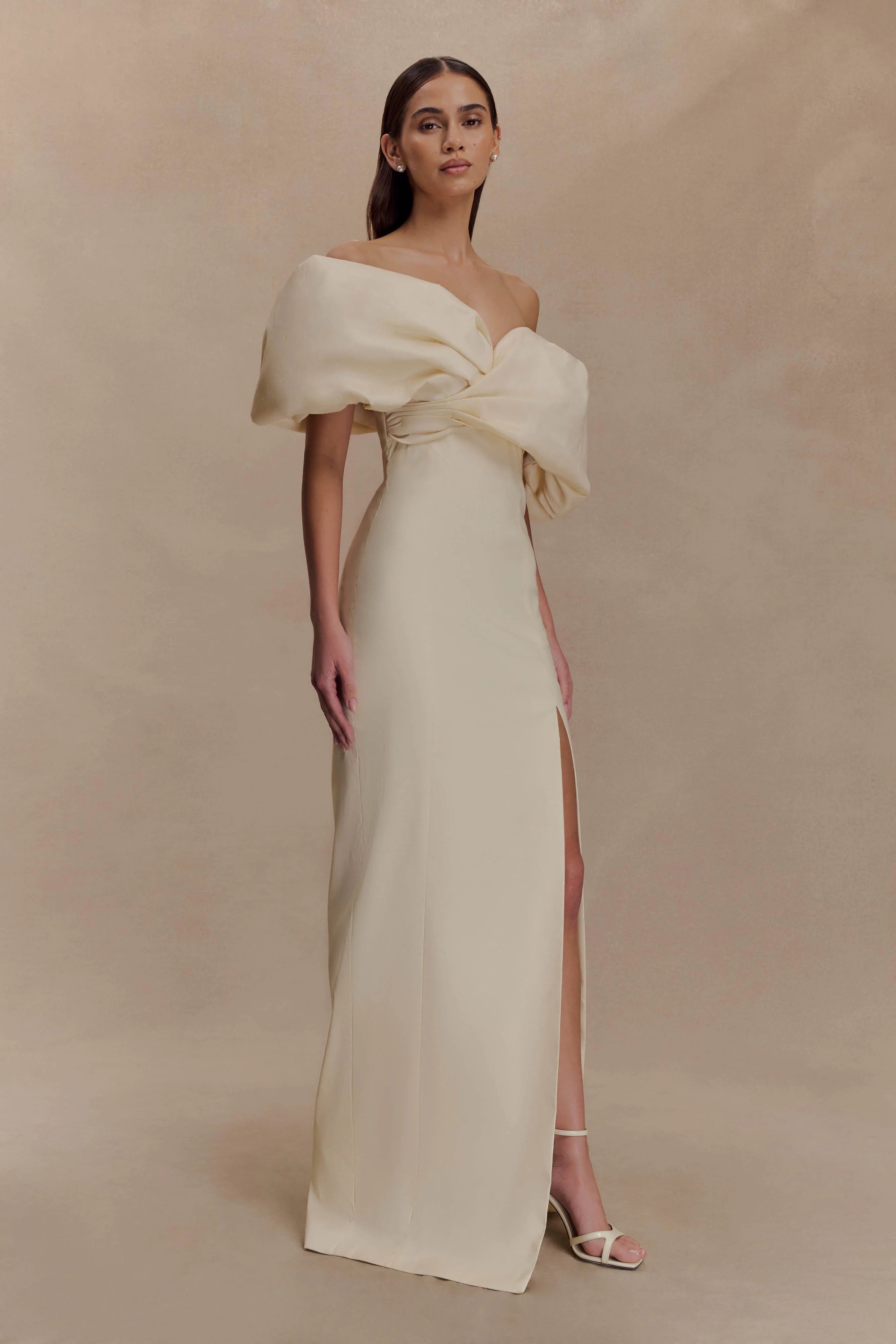 ER Angelica Taffeta Off Shoulder Bridal Gown - Soft Beige