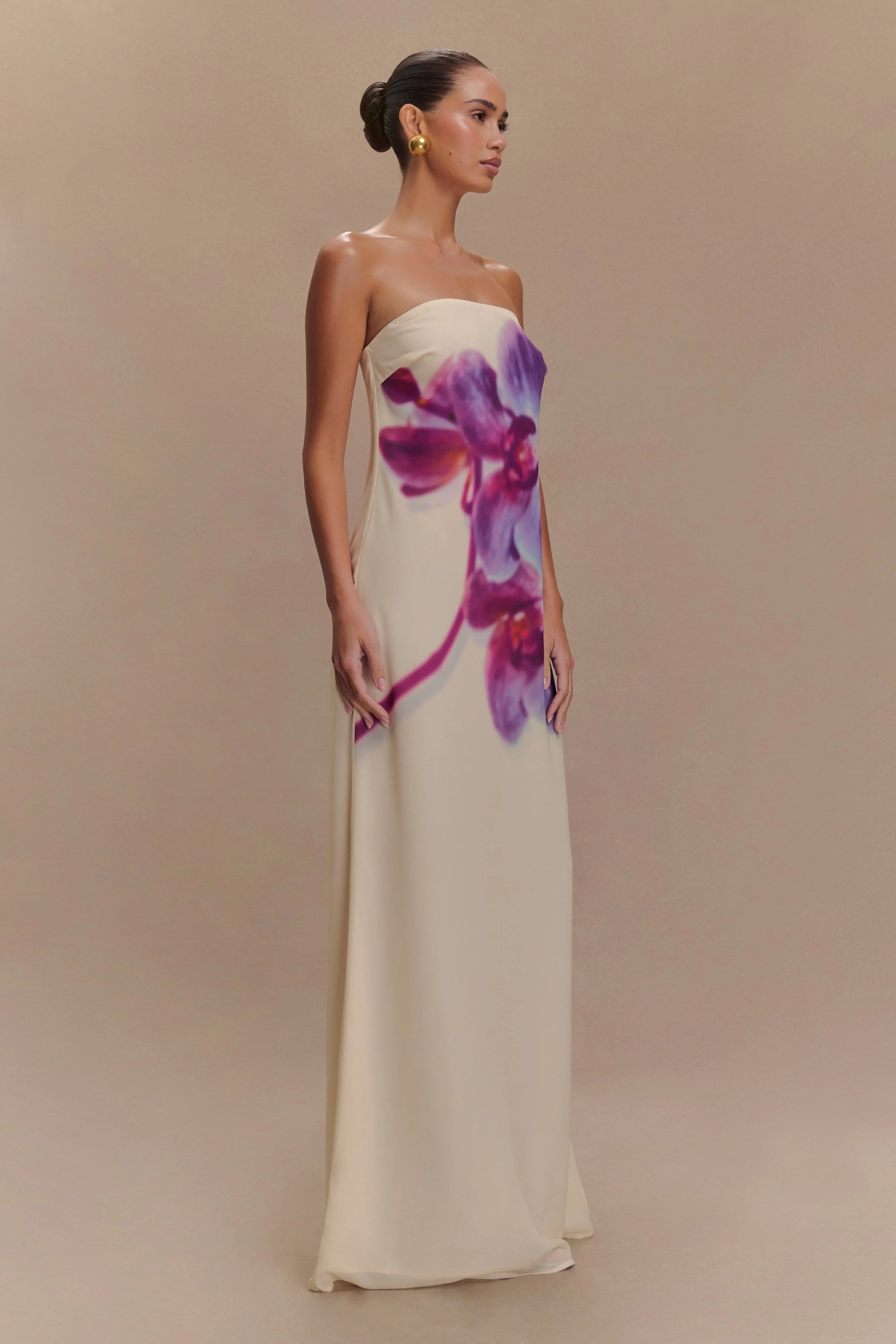 ER Amaya Strapless Chiffon Maxi Dress - Ivory Koi Orchid Print