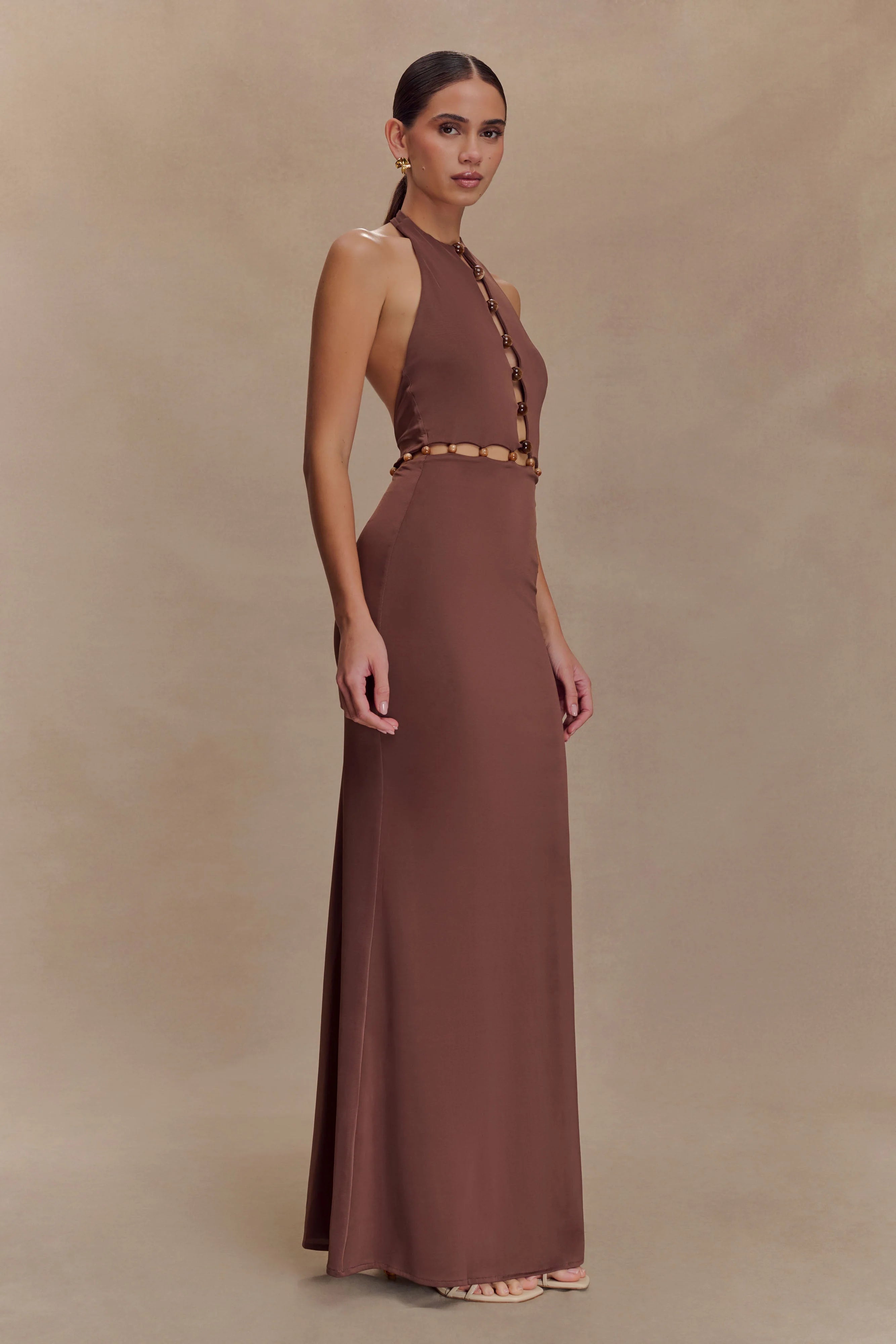 ER Albion Beaded Slinky Maxi Dress - Chocolate