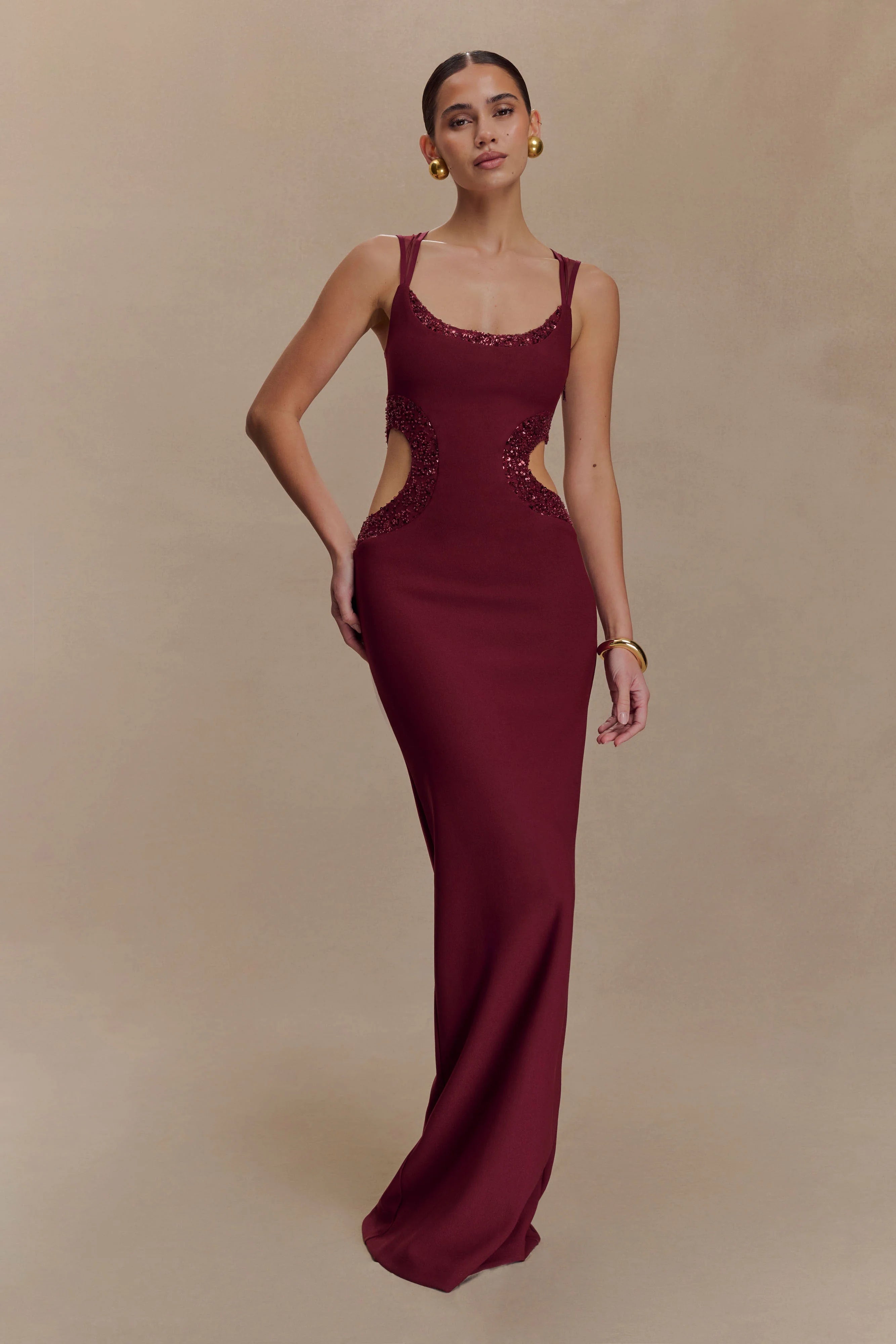 ER Angelique Beaded Crepe Maxi Dress - Wine
