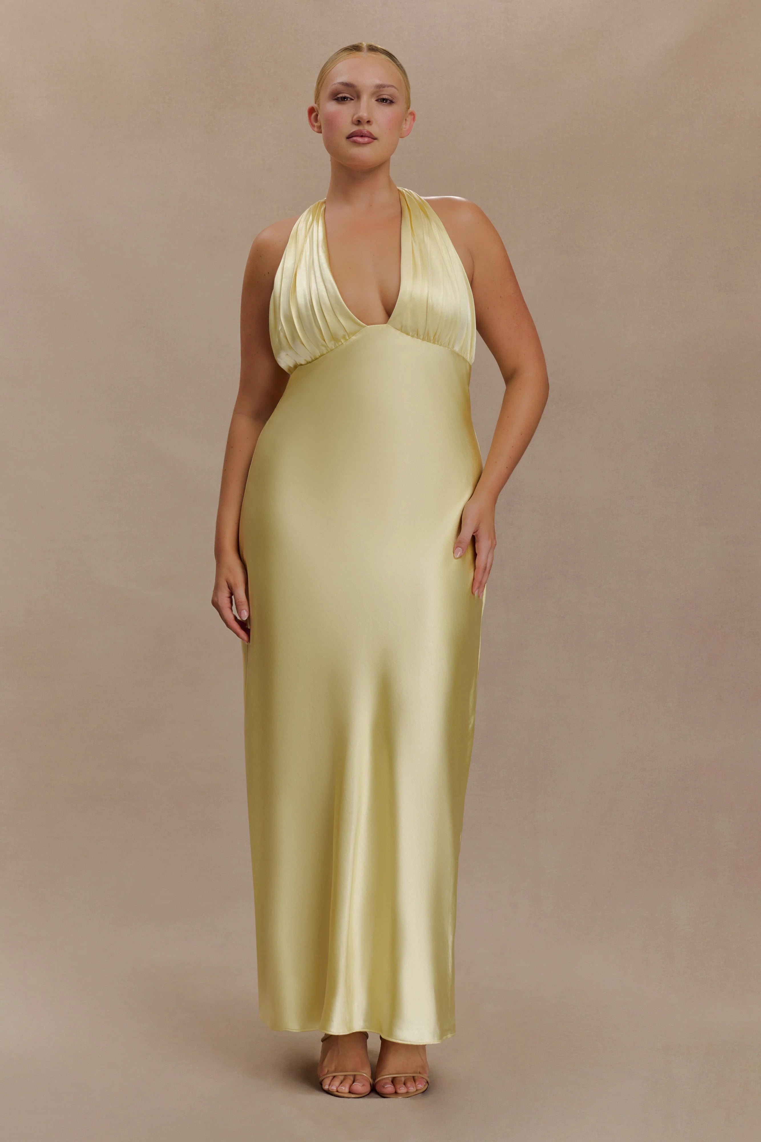 ER Alice Satin Halter Maxi Dress - Lemon