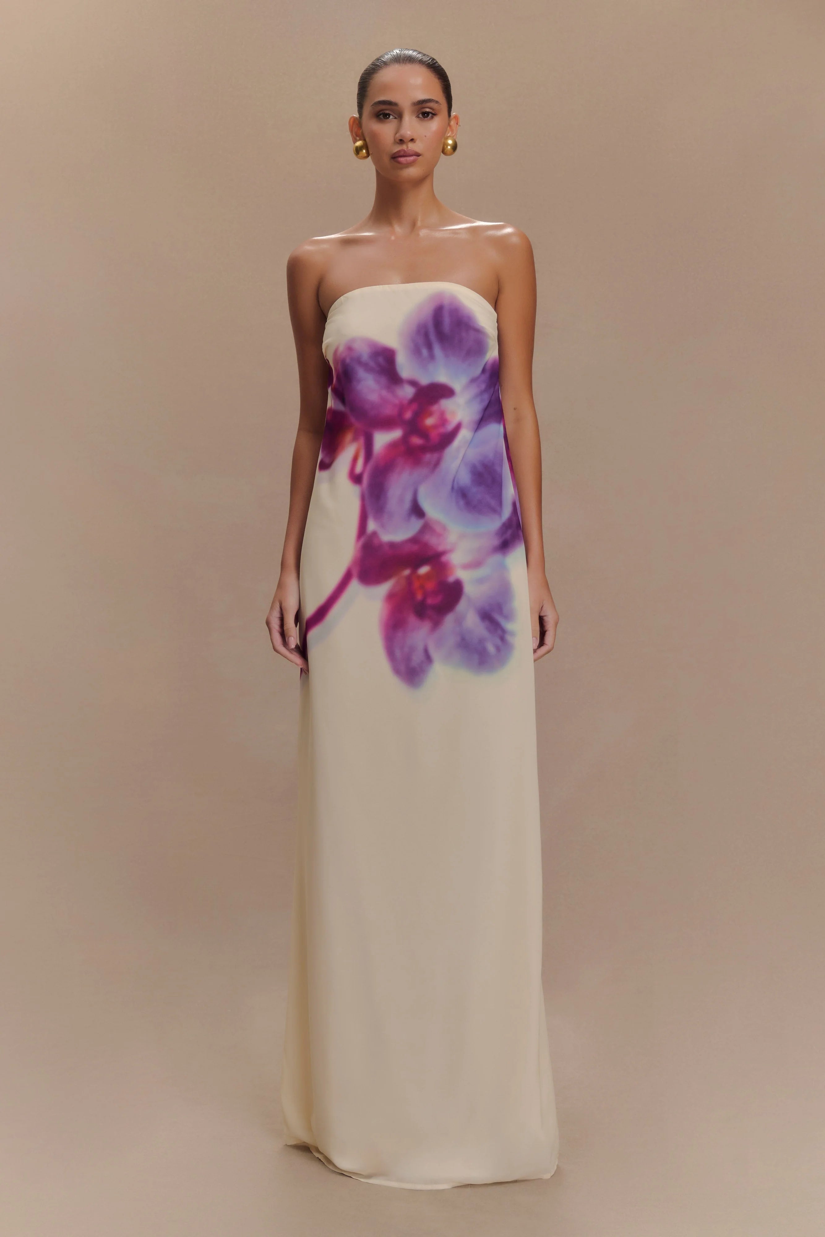 ER Amaya Strapless Chiffon Maxi Dress - Ivory Koi Orchid Print