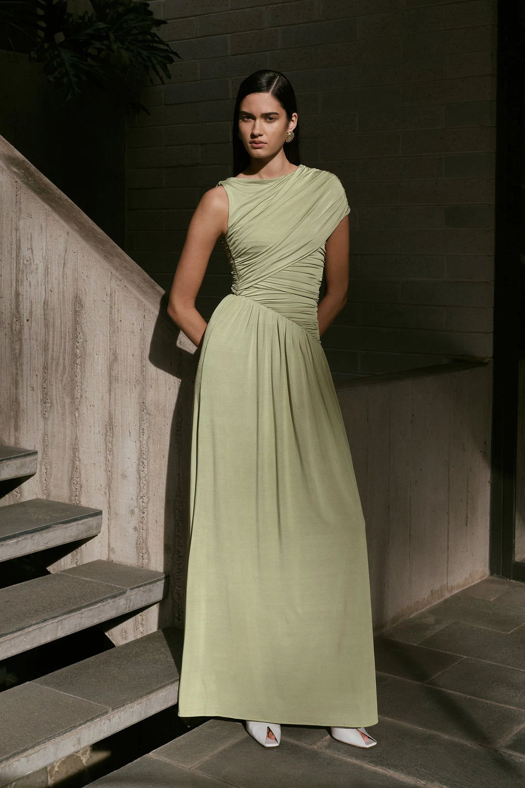 ER Ayeshya Slinky Asymmetric Maxi Dress - Sage