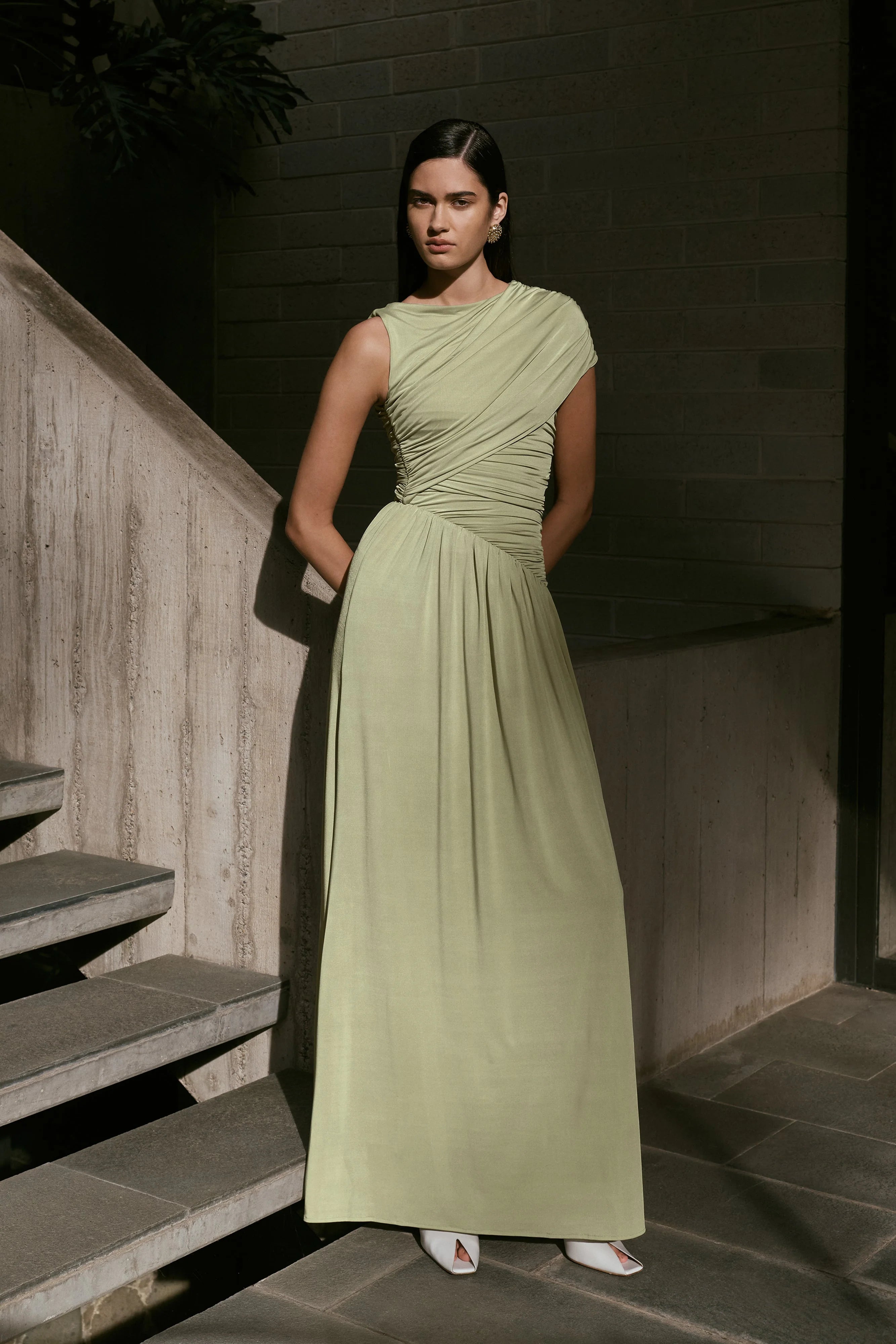 ER Ayeshya Slinky Asymmetric Maxi Dress - Sage