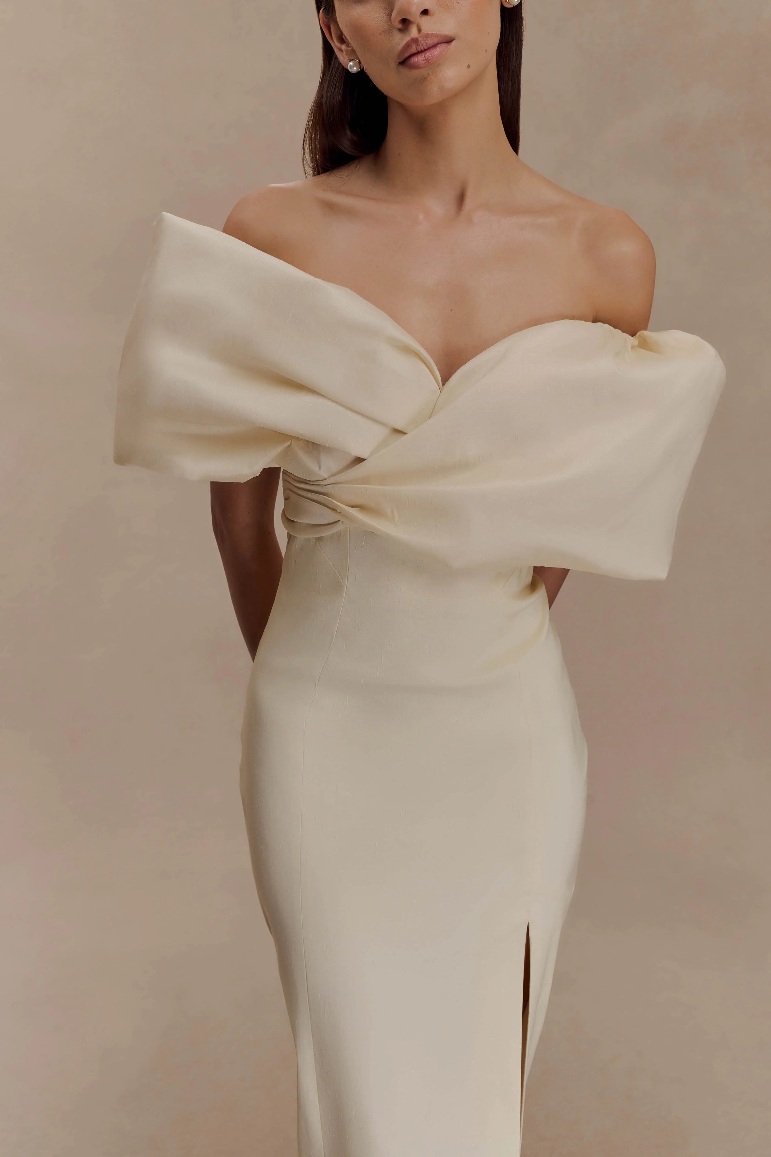 ER Angelica Taffeta Off Shoulder Bridal Gown - Soft Beige