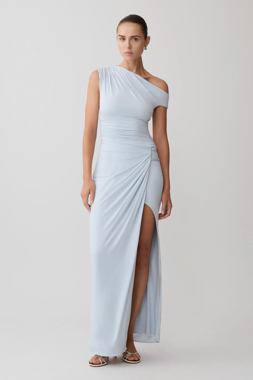 ER Alyn Off Shoulder Draped Maxi Dress - Pale Blue