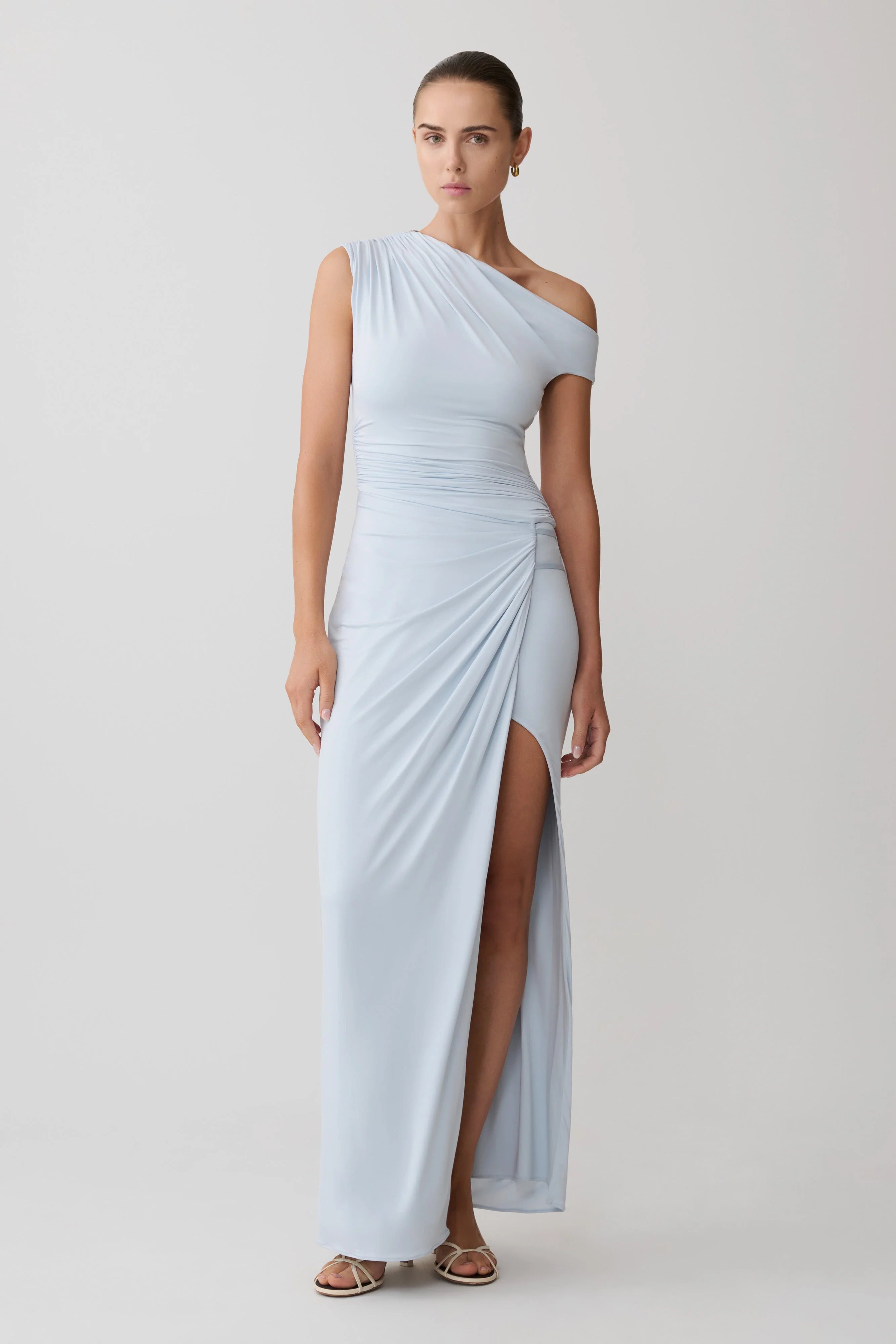 ER Alyn Off Shoulder Draped Maxi Dress - Pale Blue